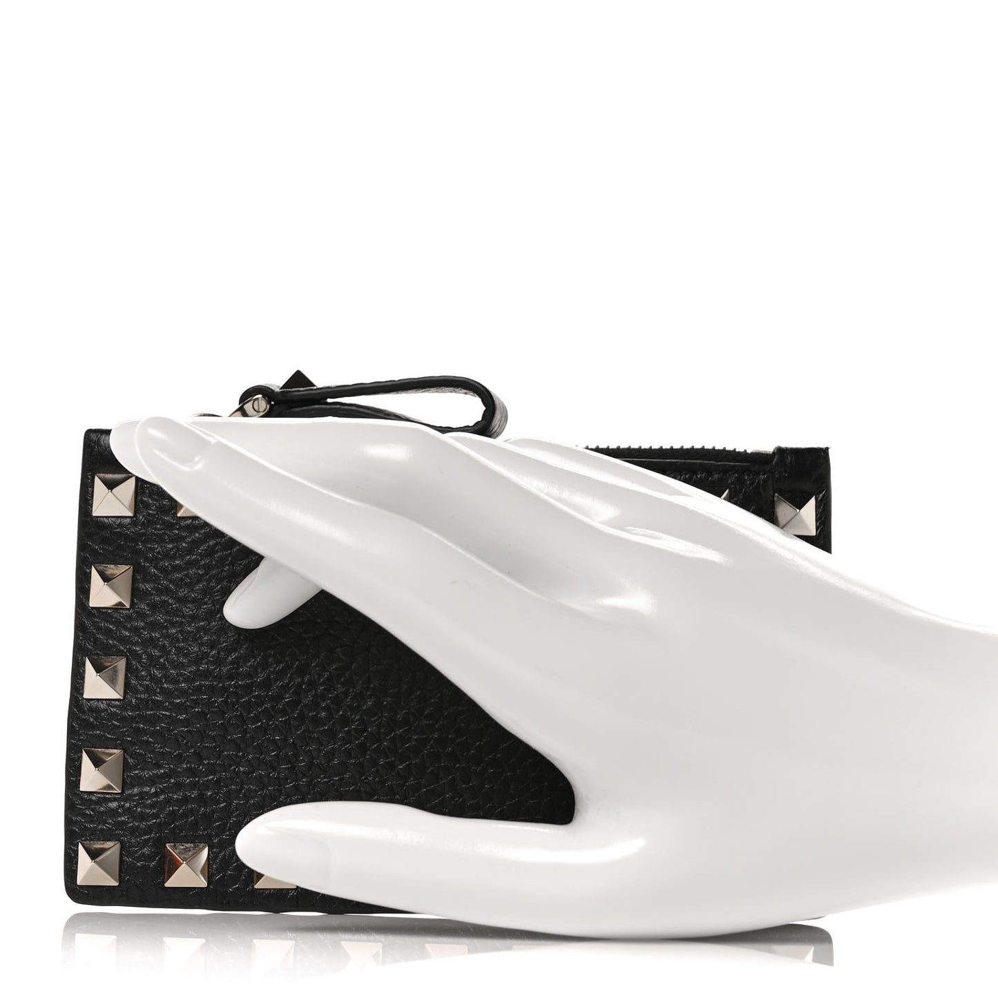 Pebbled Calfskin Rockstud Coin Case Card Holder Black