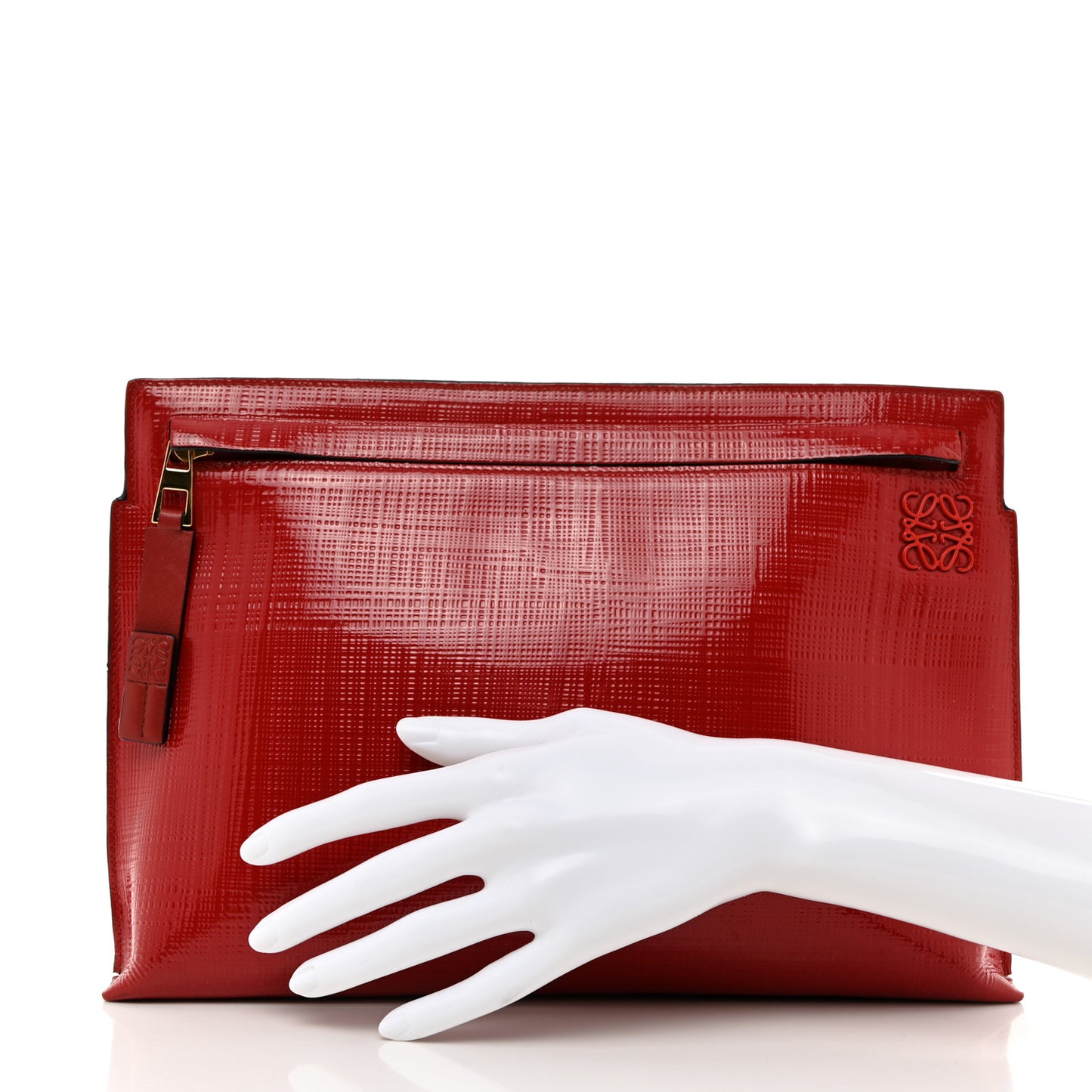 Patent Linen Embossed Large T Pouch Red