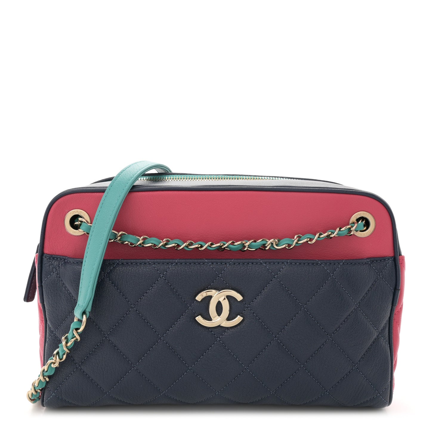 Goatskin Quilted Tri-Color Medium In & Out Camera Case Navy Turquoise Pink