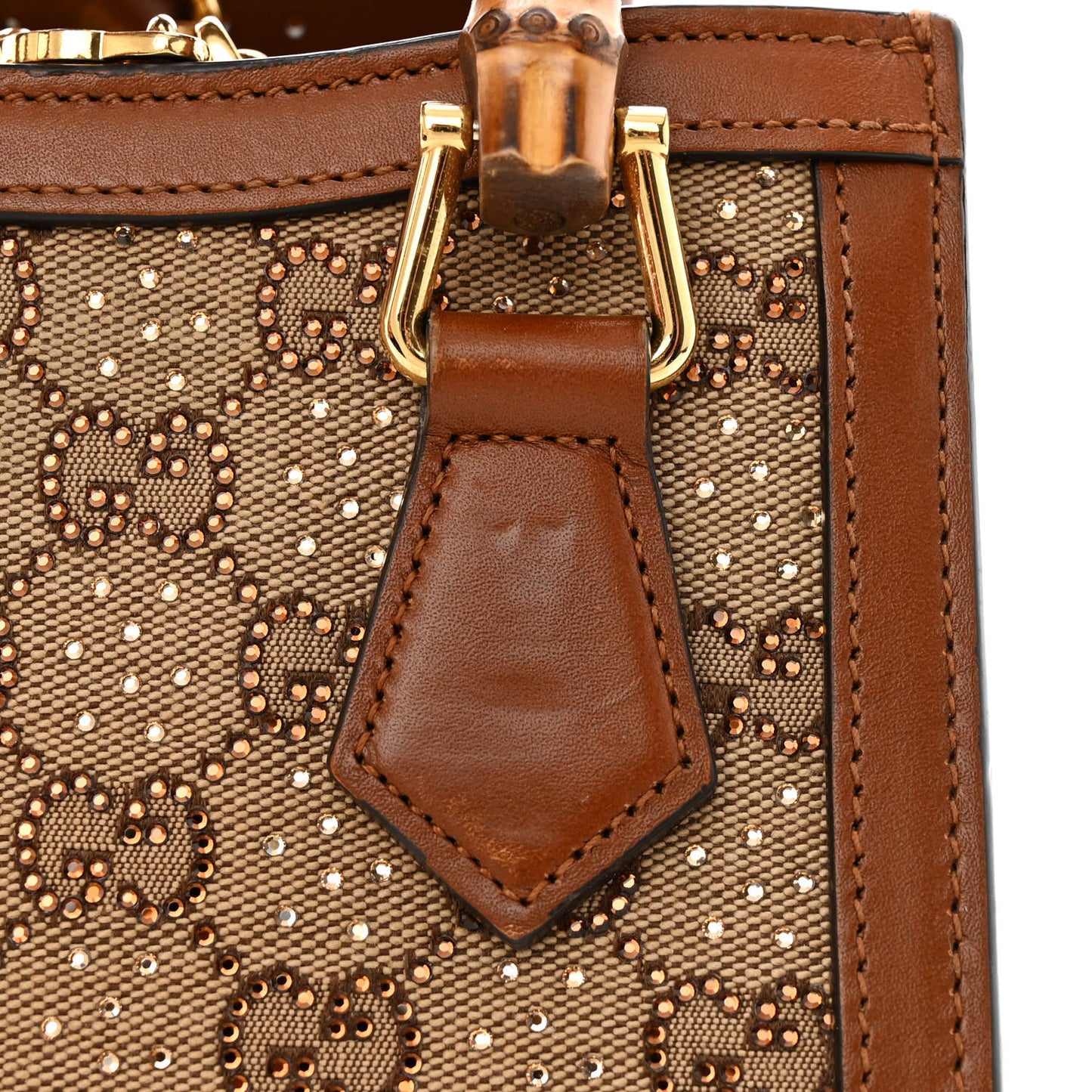 New Canvas Charisma Calfskin Crystal GG Monogram Mini Diana Tote Bag Camel Ebony