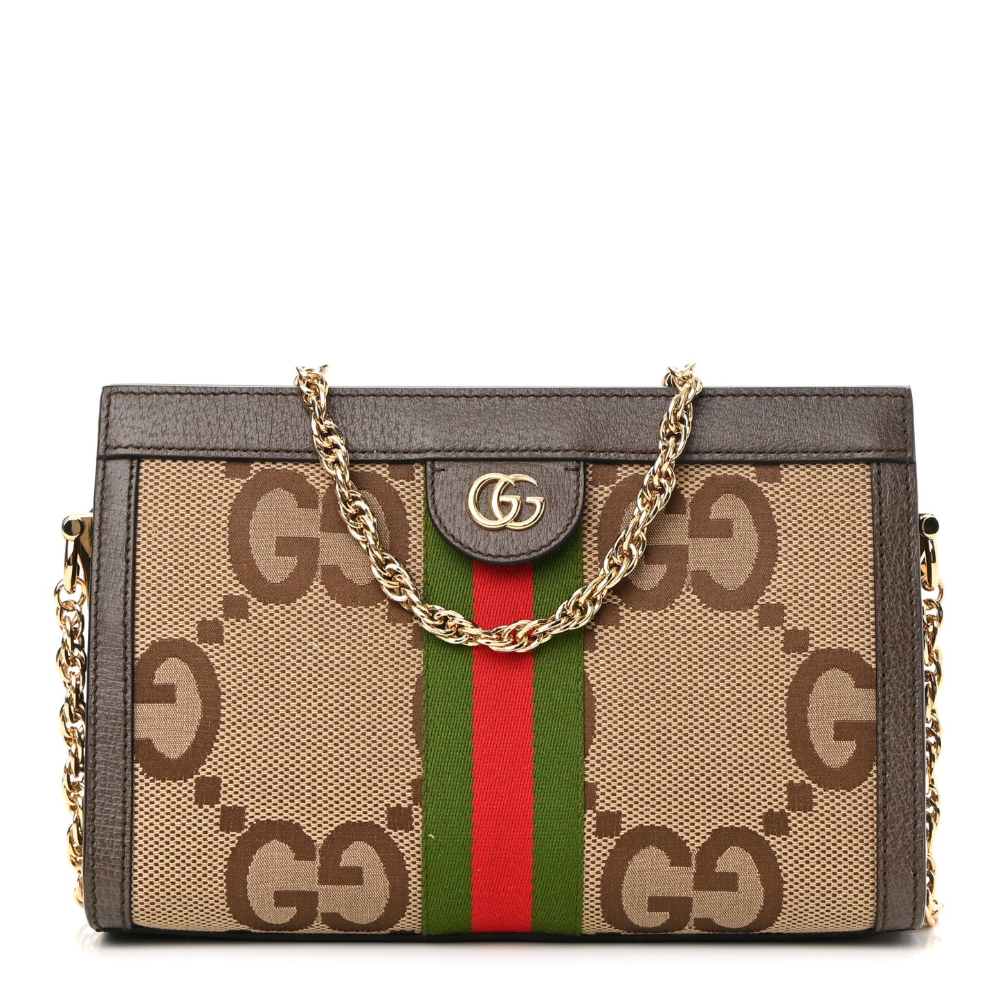 Monogram Jumbo GG Textured Dollar Calfskin Web Small Ophidia Chain Shoulder Bag Camel Ebony New Acero