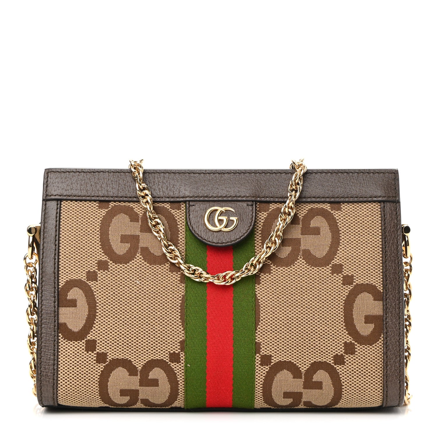 Gucci Monogram Jumbo GG Textured Dollar Calfskin Web Small Ophidia Chain Shoulder Bag Camel Ebony New Acero 1 of 11