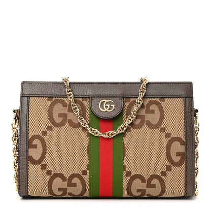 Gucci Monogram Jumbo GG Textured Dollar Calfskin Web Small Ophidia Chain Shoulder Bag Camel Ebony New Acero 1 of 11