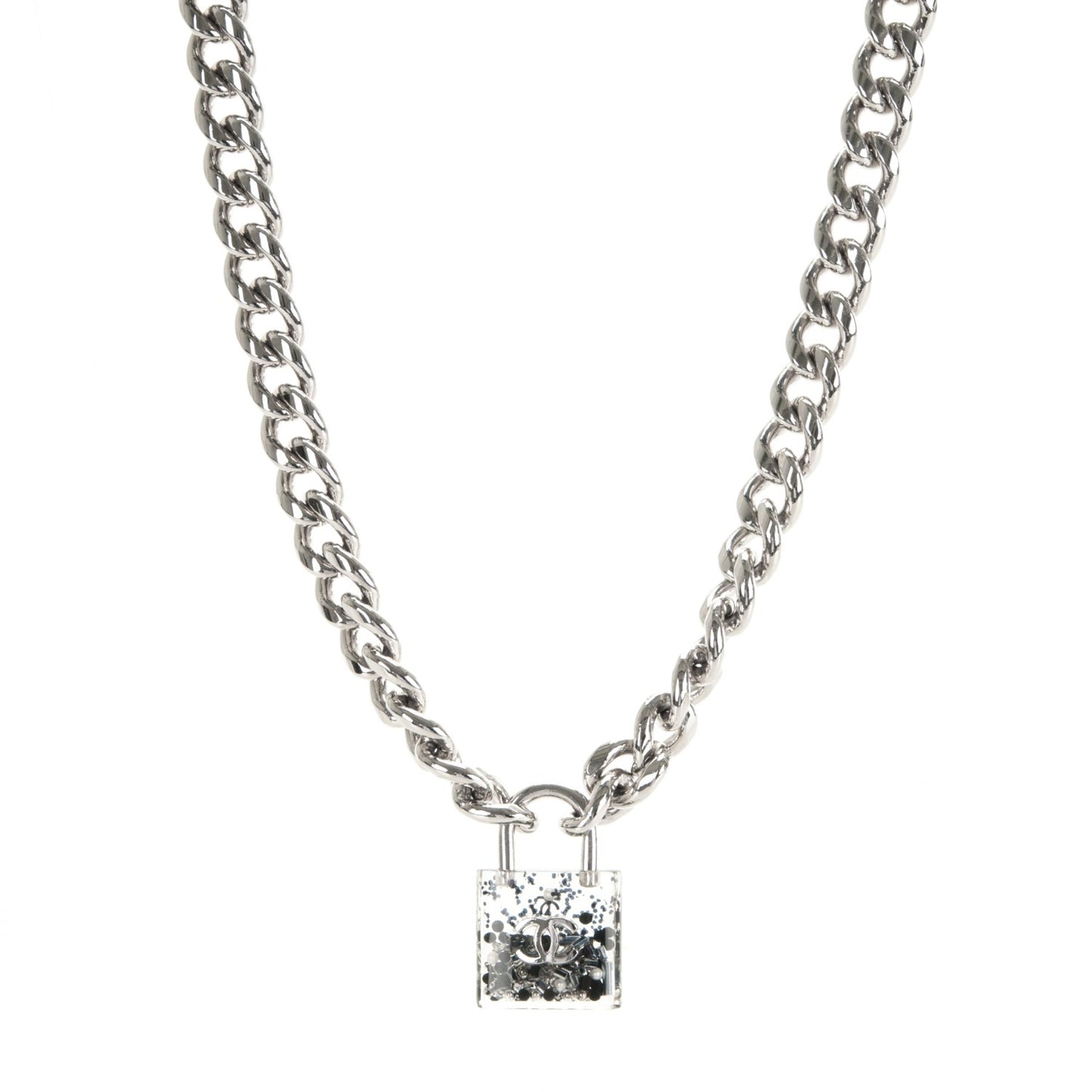 Pearl Lucite CC Padlock Necklace Silver