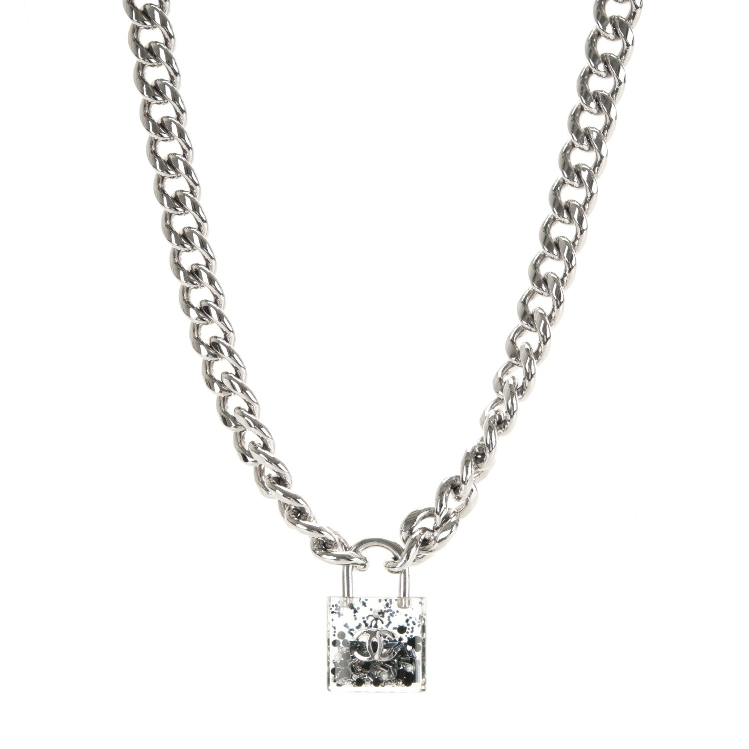 Chanel Pearl Lucite CC Padlock Necklace Silver 1 of 3