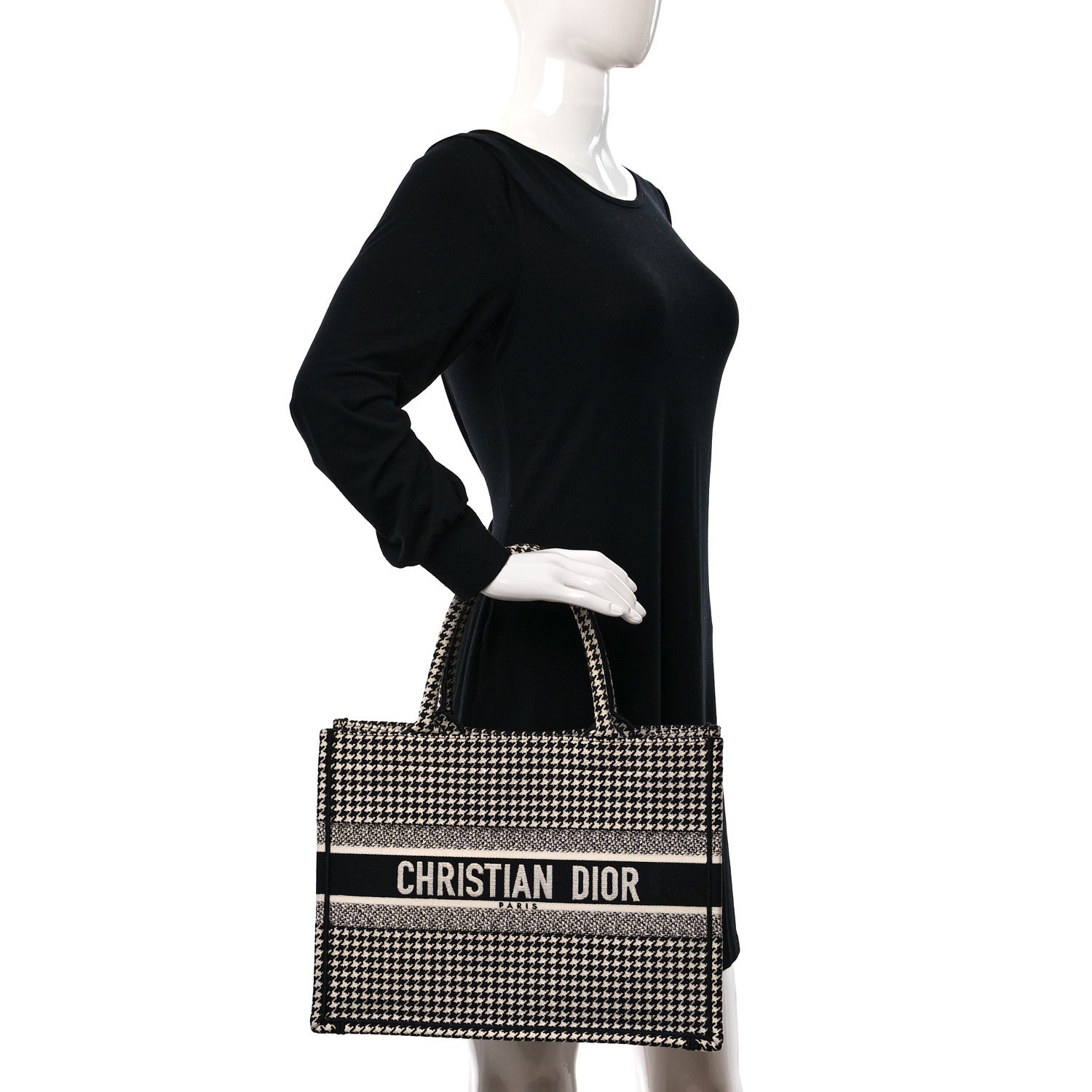 Christian Dior Canvas Houndstooth Embroidered Medium Book Tote Black White 2 of 13