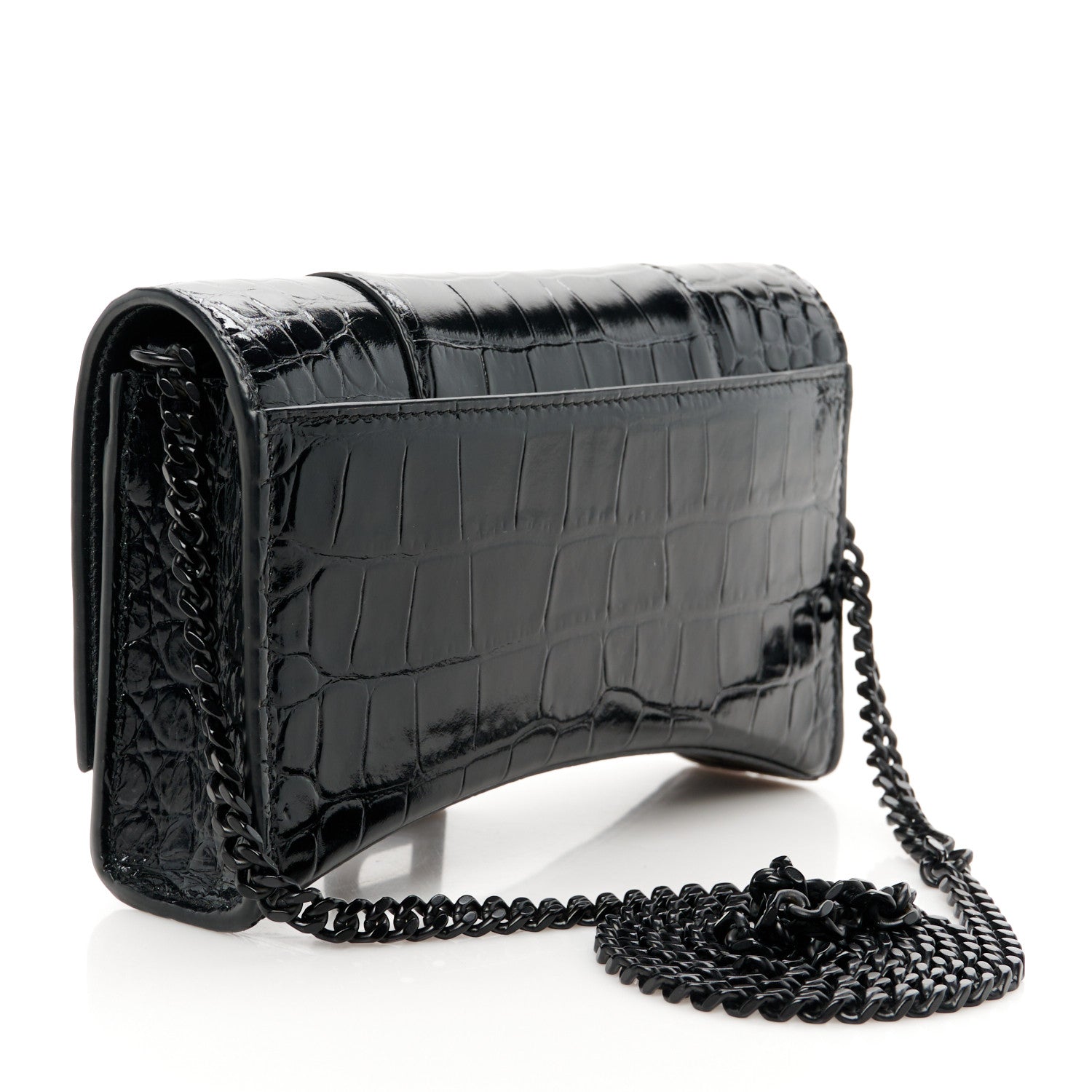 Balenciaga Shiny Calfskin Monochrome Crocodile Embossed Hourglass Chain Bag Black 3 of 11