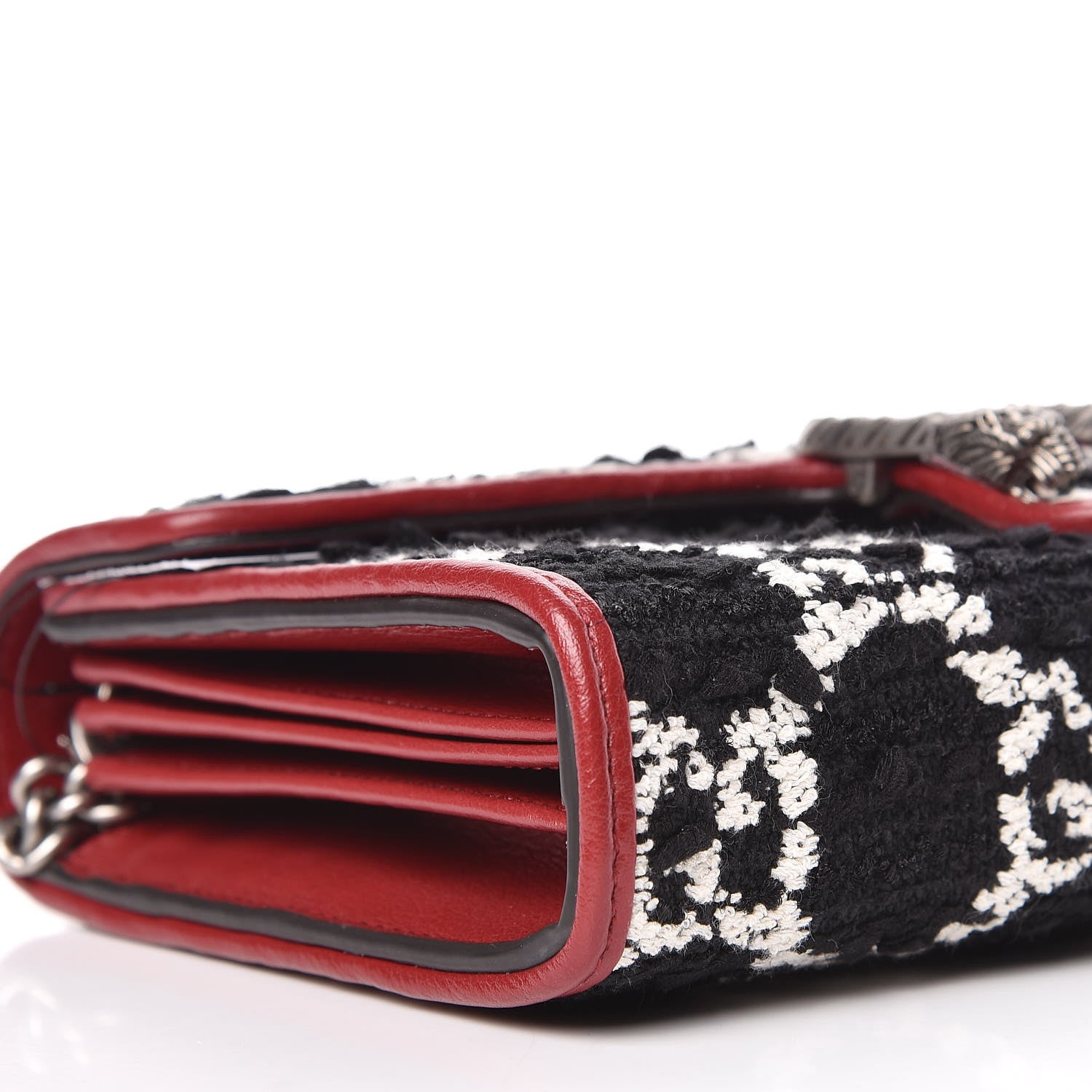 Gucci Tweed GG Monogram Mini Dionysus Chain Wallet Black White Romantic Cherry 6 of 11