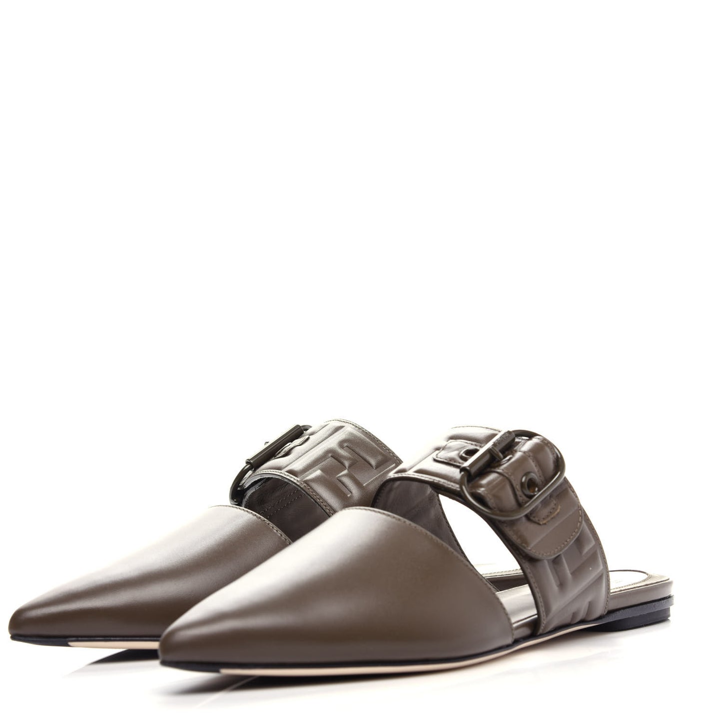 Vitello FF Embossed Buckle Flat Mules 36 Wood