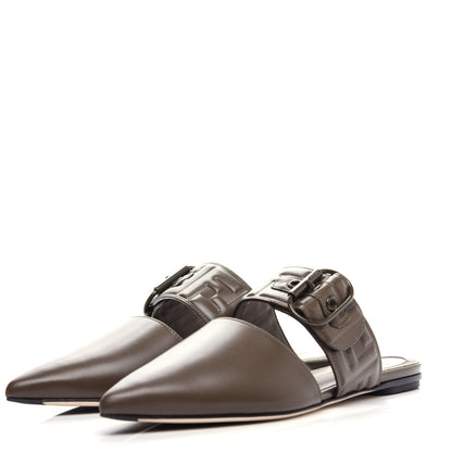 Fendi Vitello FF Embossed Buckle Flat Mules 36 Wood 3 of 11