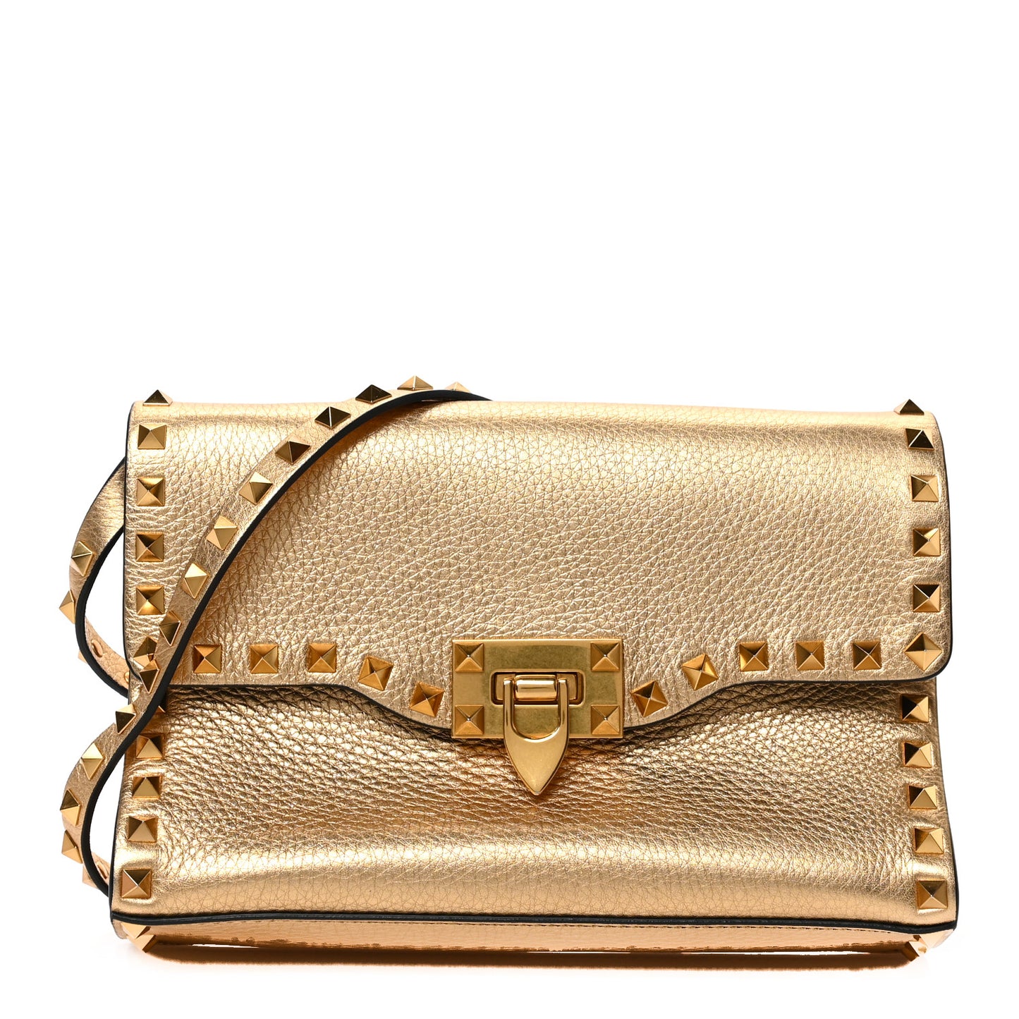 Metallic Pebbled Calfskin Medium Rockstud Flip Lock Crossbody Bag Antique Brass