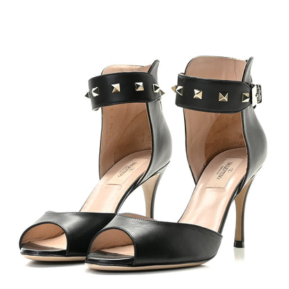 Valentino Garavani Calfskin Rockstud Ankle Strap Sandals 37.5 Black 2 of 14