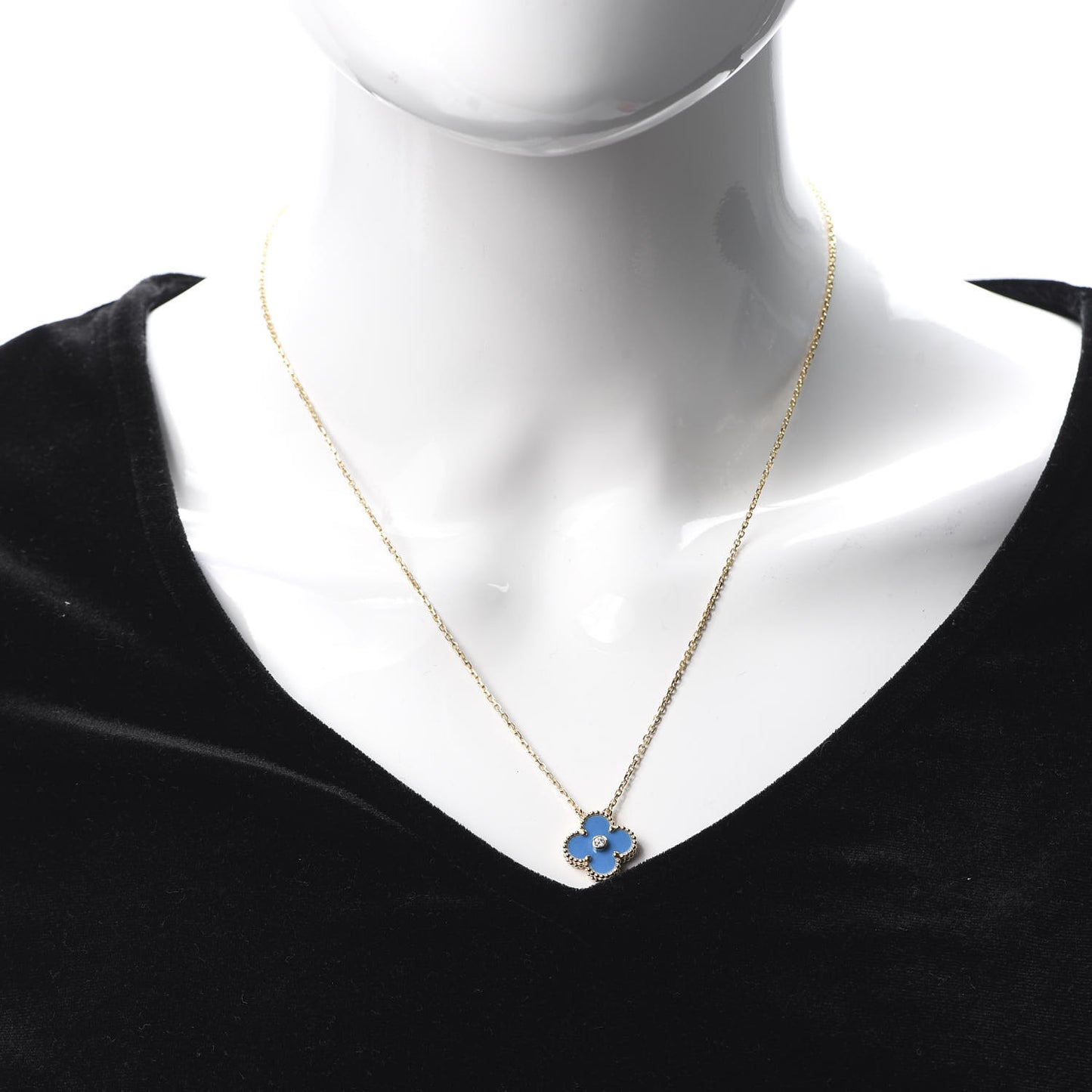 18K Yellow Gold Diamond Celestial Blue Sevres Porcelain Vintage Alhambra Pendant Necklace