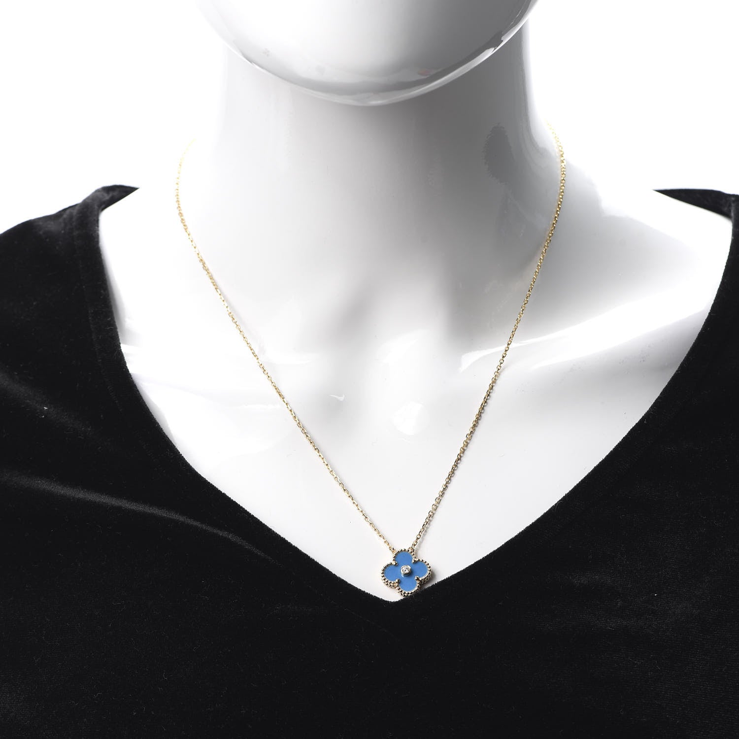 Van Cleef & Arpels 18K Yellow Gold Diamond Celestial Blue Sevres Porcelain Vintage Alhambra Pendant Necklace 2 of 8