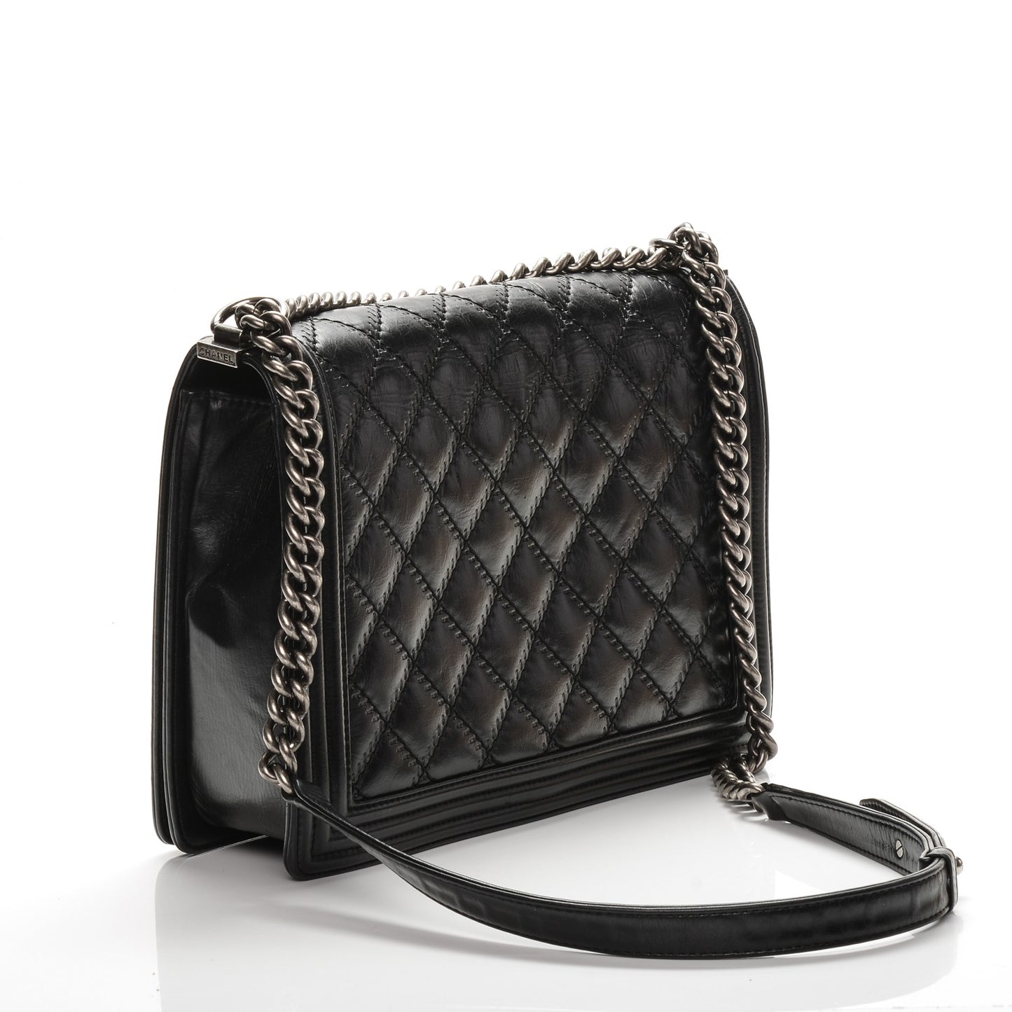 Calfskin Double Stitch Large Boy Flap Black