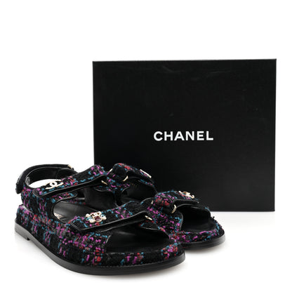 Chanel Wool Tweed Velcro Dad Sandals 39.5 Black Purple Green Red 9 of 9