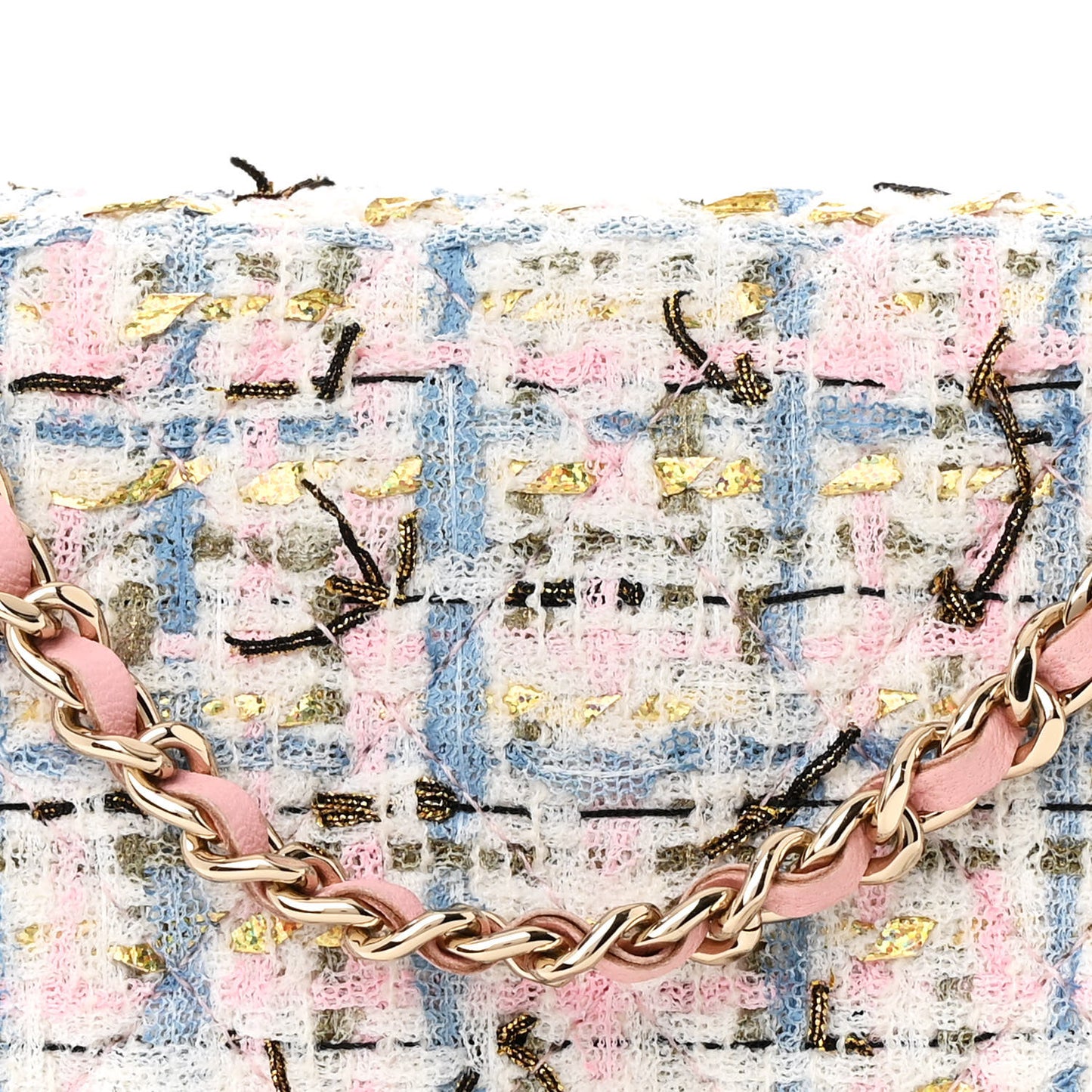 Tweed Quilted Wallet On Chain WOC Blue Pink Gold