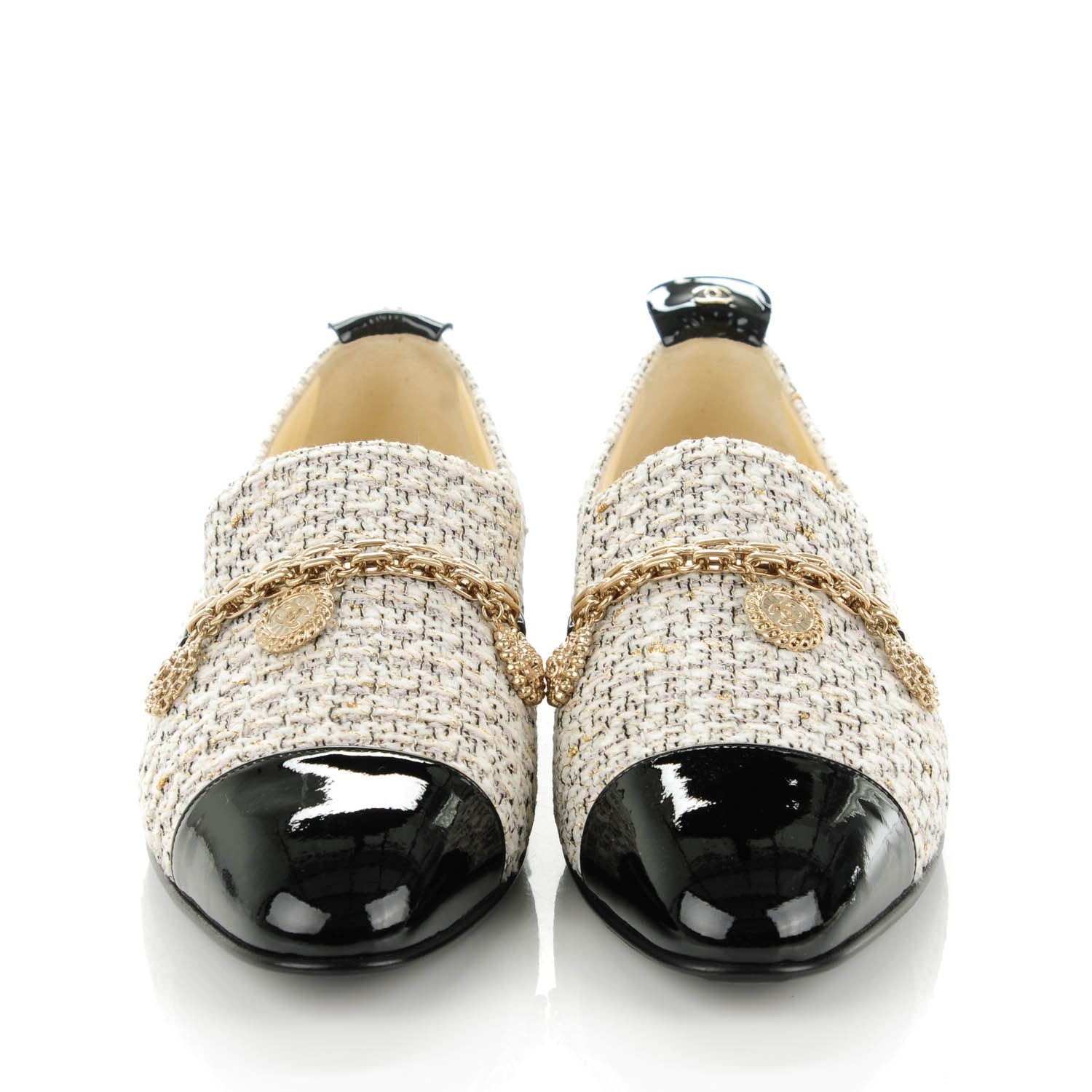 Chanel Tweed Patent Cap Toe Charm Loafers 39.5 Ecru Black Gold 2 of 11
