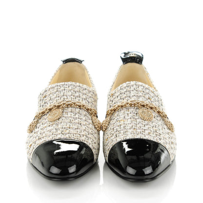 Chanel Tweed Patent Cap Toe Charm Loafers 39.5 Ecru Black Gold 2 of 11