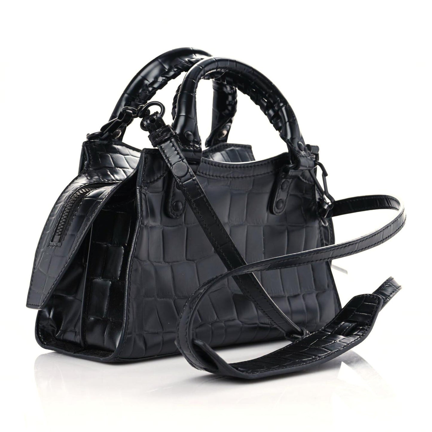 Semi Shiny Calfskin Crocodile Embossed Neo Classic Black Hardware Mini City Black
