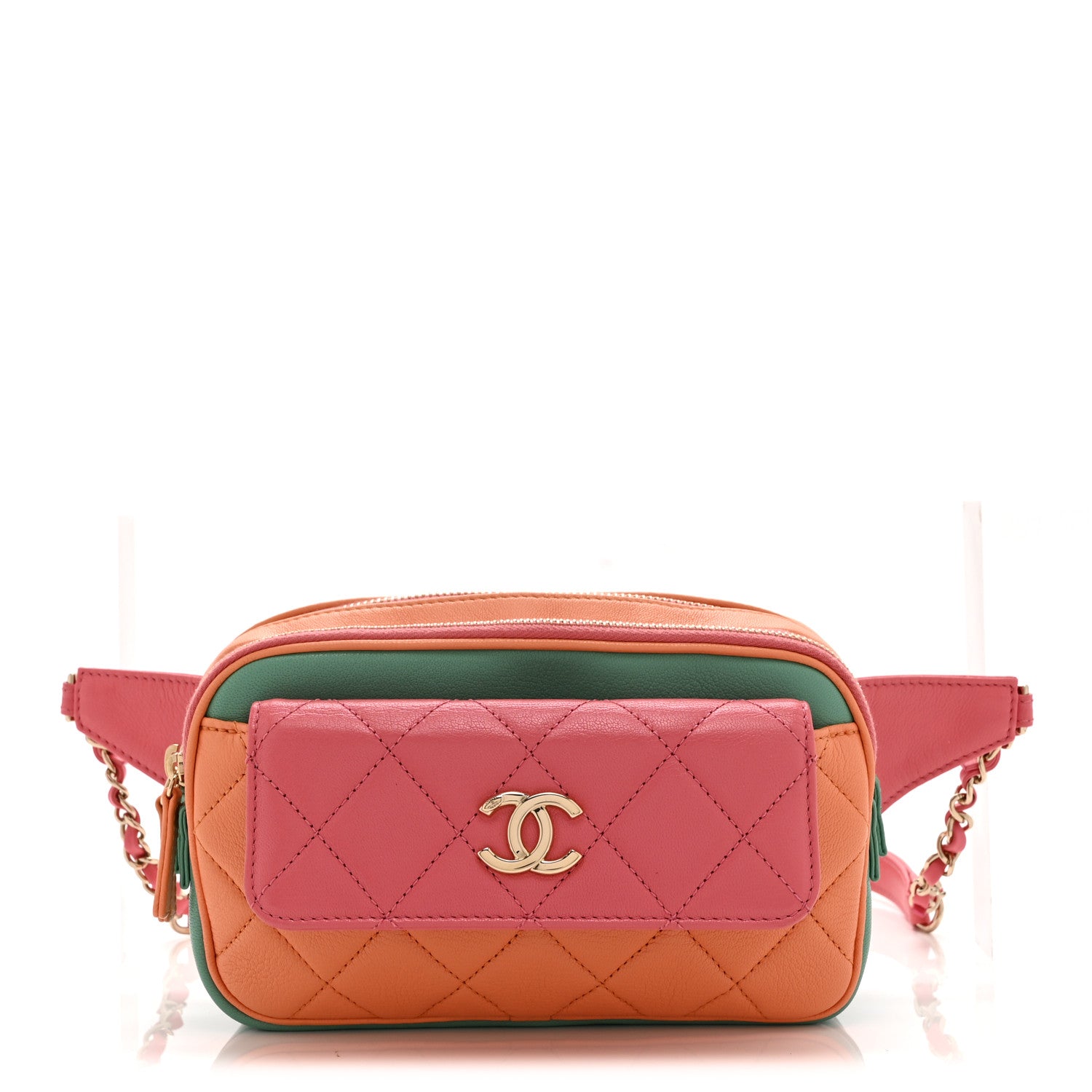 Chanel Goatskin Quilted Tri-Color In & Out Waist Bag Orange Green Pink 1 of 12