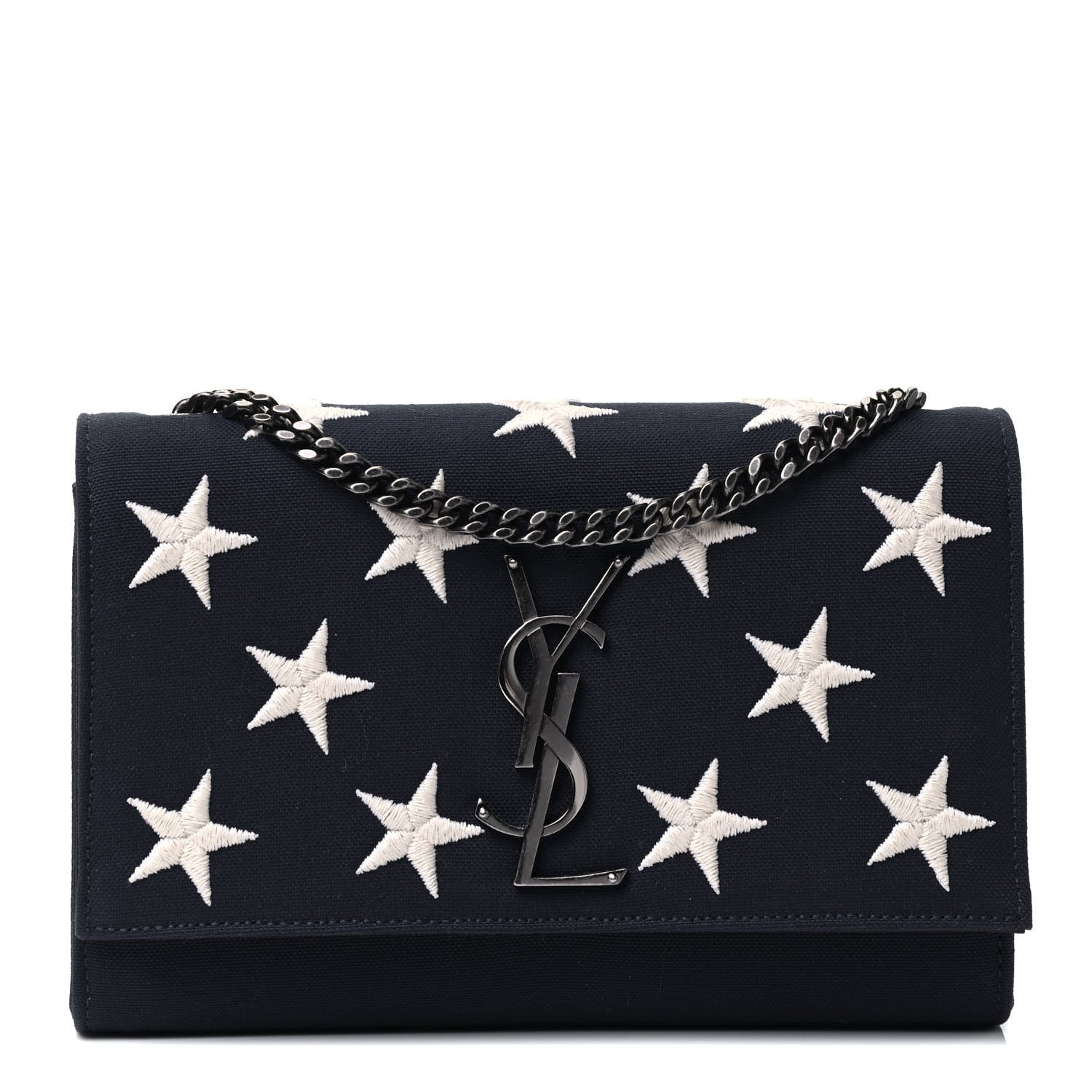 Saint Laurent Canvas Embroidered Stars Small Monogram Kate Satchel Blue Bianco 1 of 4