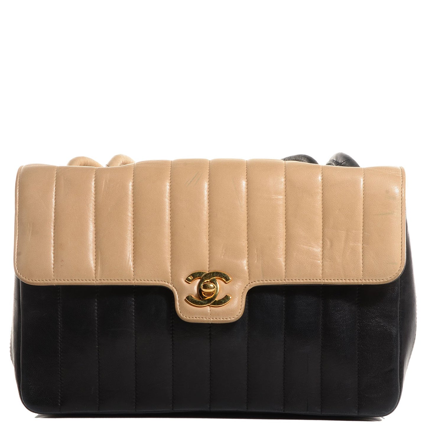 Lambskin Vertical Quilt Medium Flap Beige Black