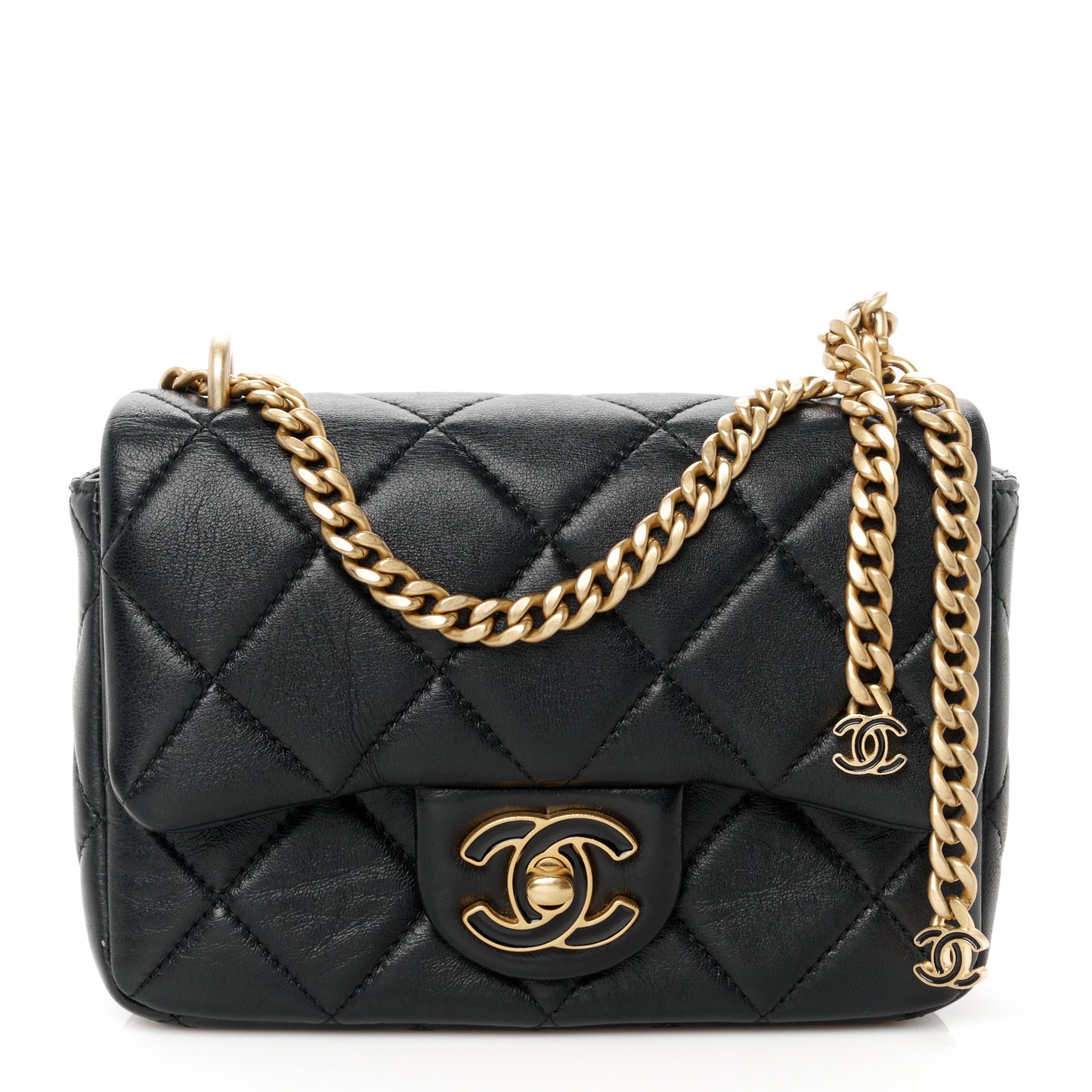 Lambskin Enamel Quilted Mini Pending CC Square Flap Black