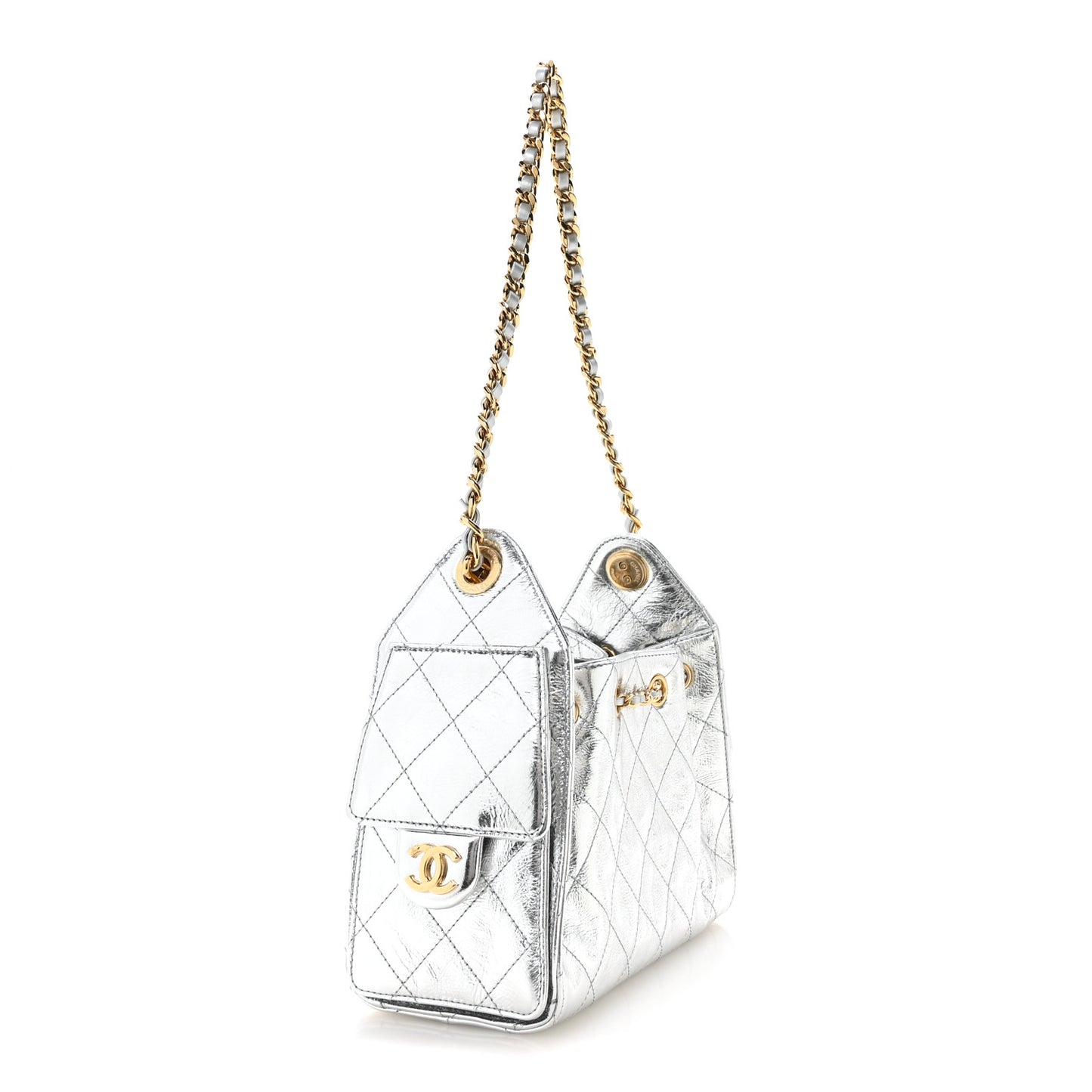 Metallic Aged Calfskin Quilted Mini Chanel 25 Handbag Silver