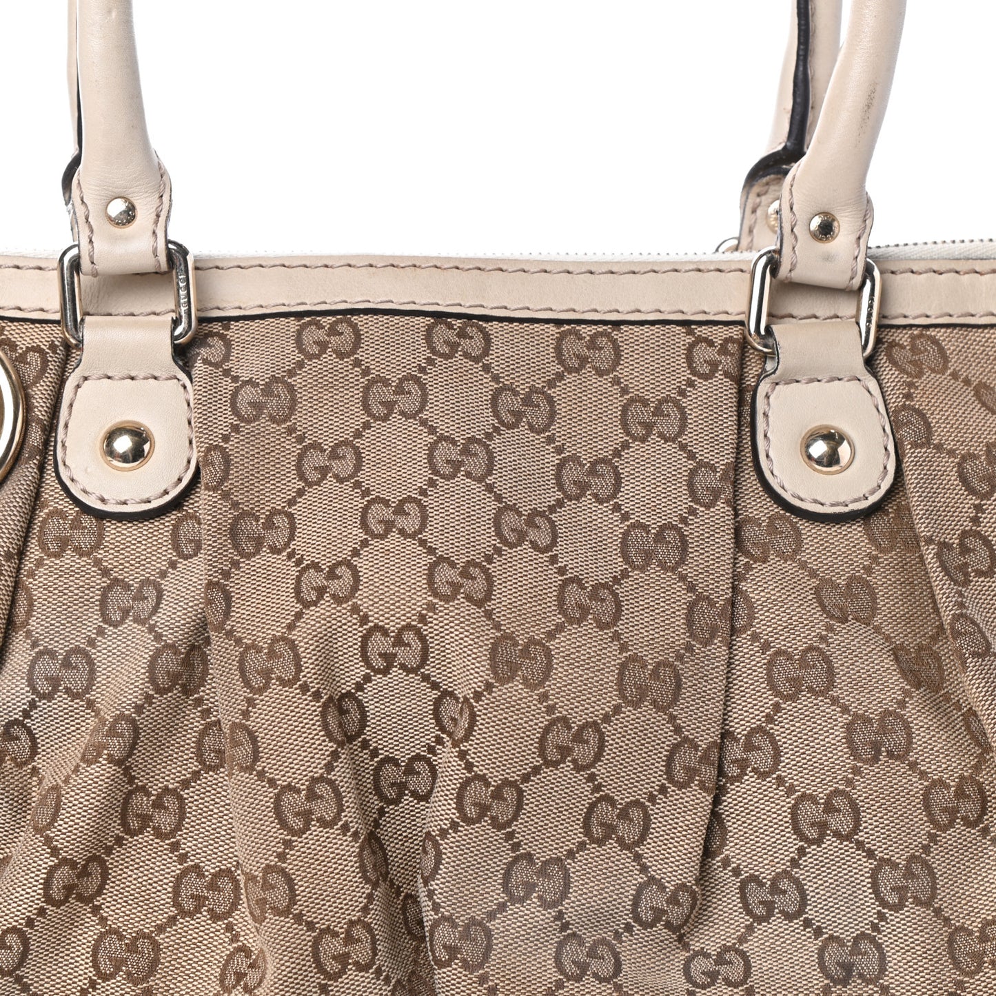 Monogram Margaux Calfskin Medium Sukey Top Handle Bag Beige Ebony Mystic White