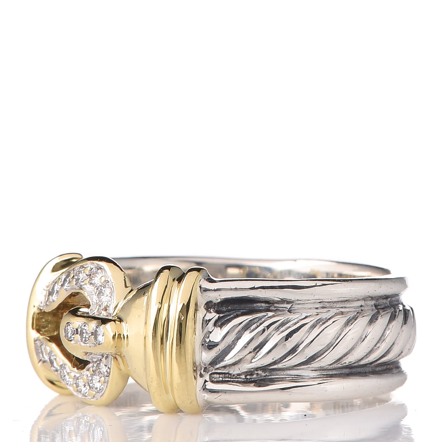 David Yurman Sterling Silver 18K Yellow Gold Diamond Buckle Cable Ring 54 6.75 3 of 6