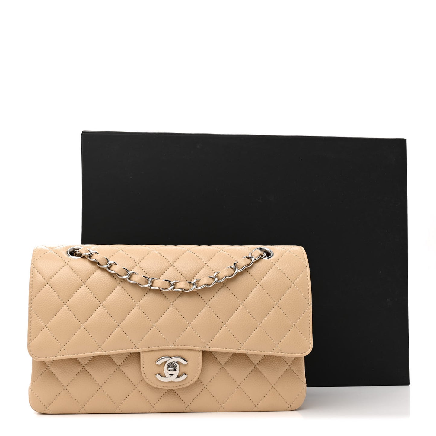 Caviar Quilted Medium Double Flap Beige