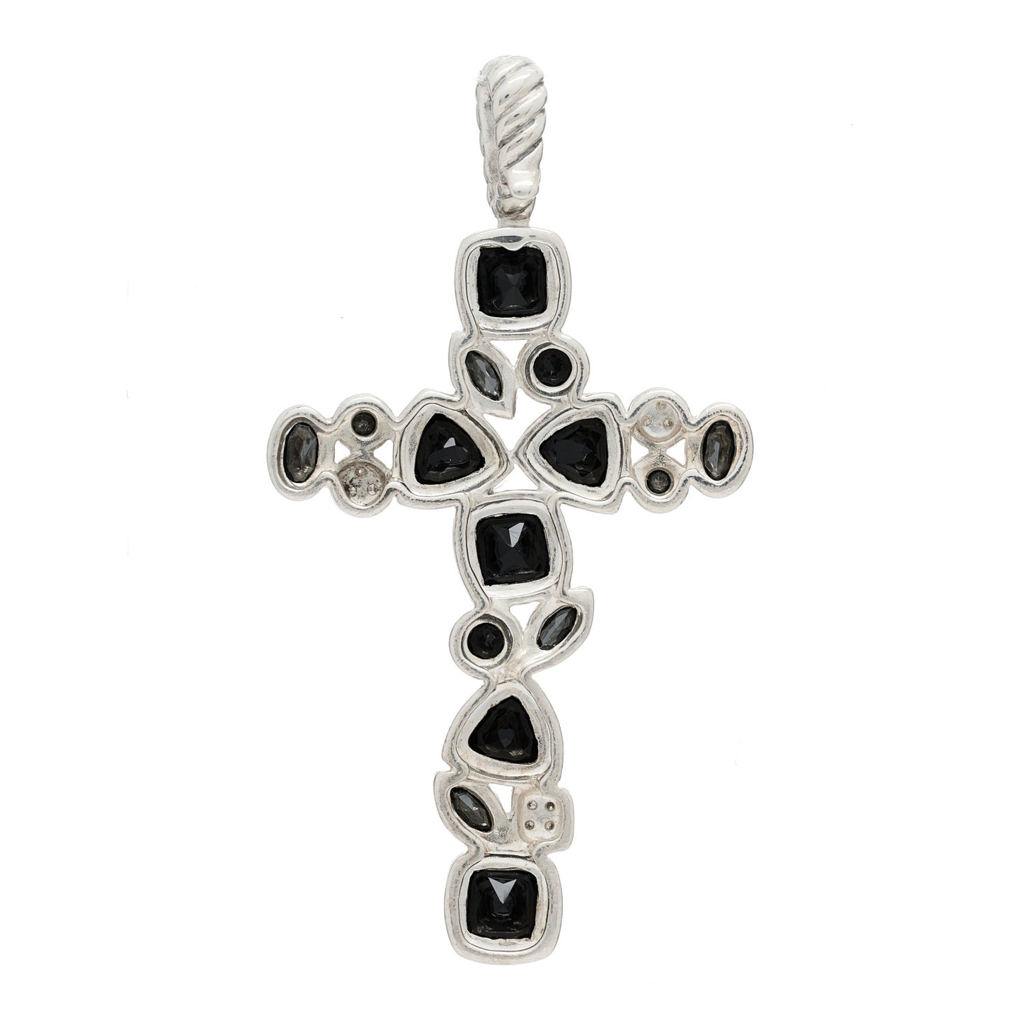 Sterling Silver Diamond Black Onyx Hematine Mosaic Cross Pendant