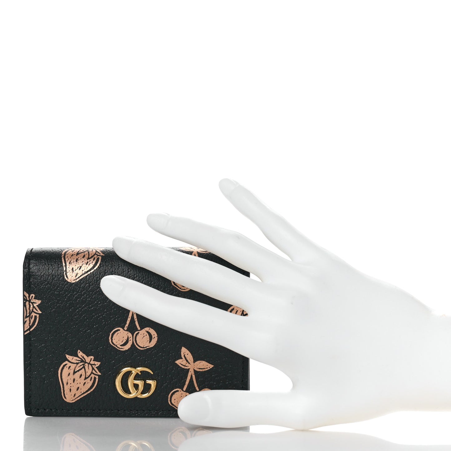 Textured Dollar Calfskin Berry Print GG Marmont Card Case Black Light Copper