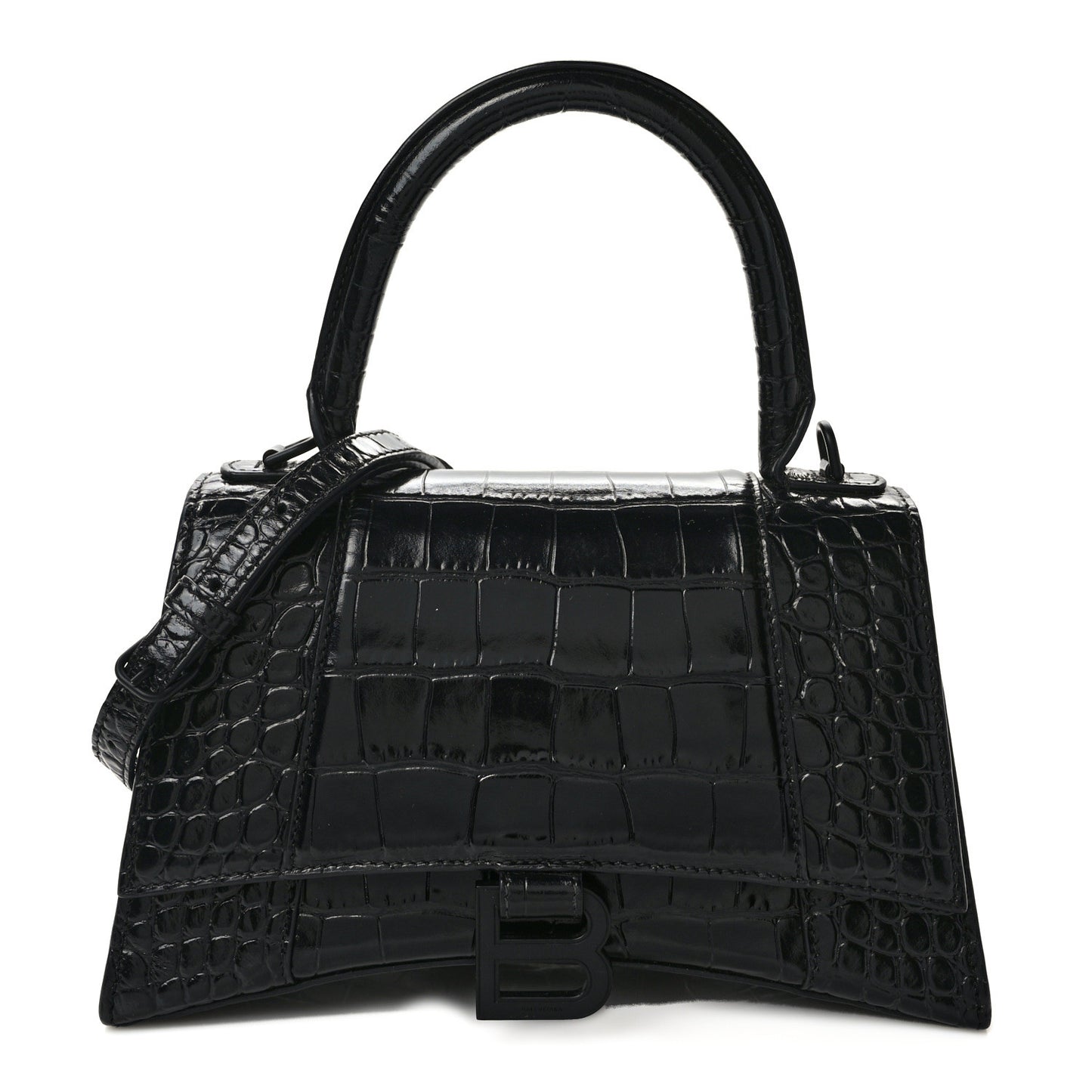 Shiny Calfskin Monochrome Crocodile Embossed Small Hourglass Top Handle Bag Black