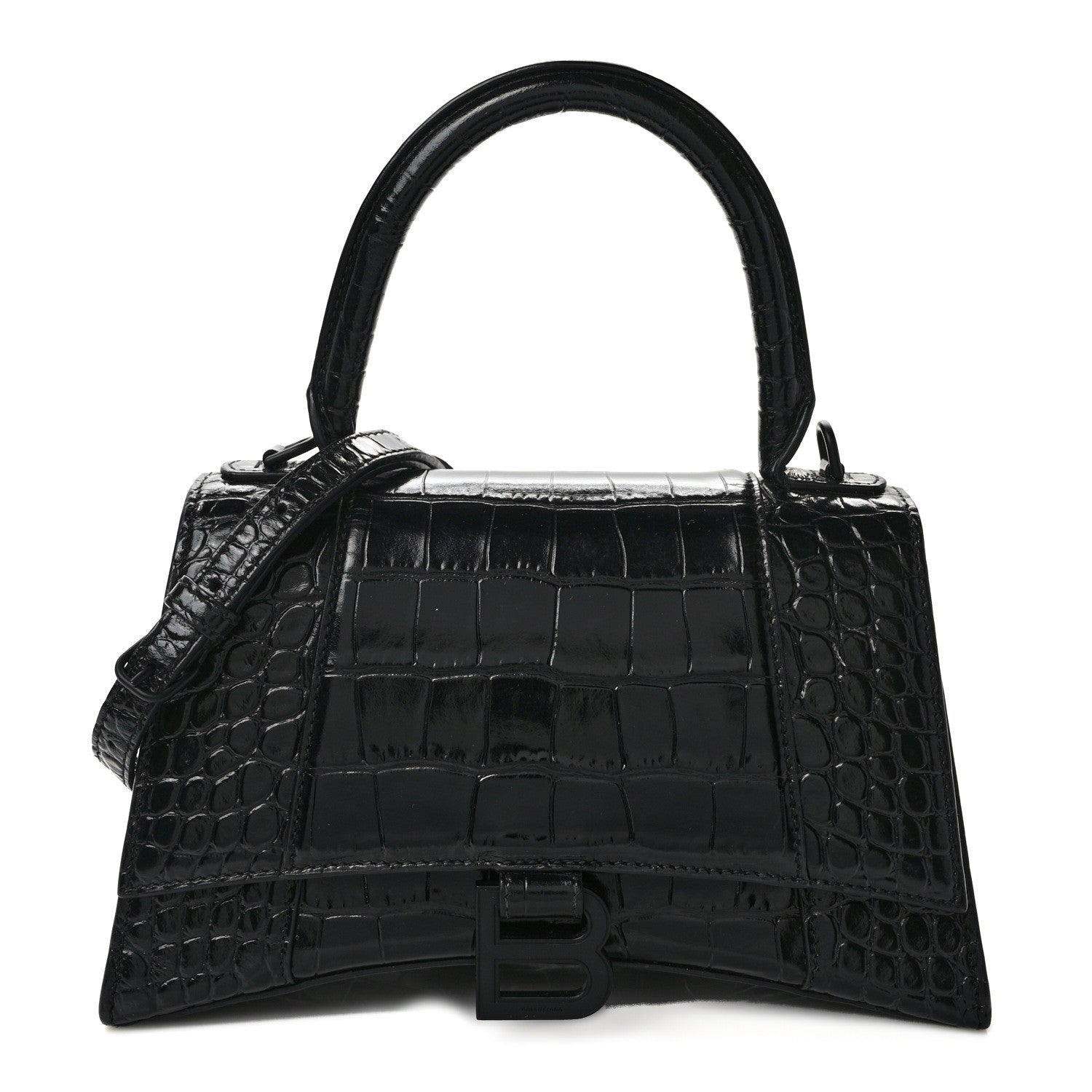 Balenciaga Shiny Calfskin Monochrome Crocodile Embossed Small Hourglass Top Handle Bag Black 1 of 14