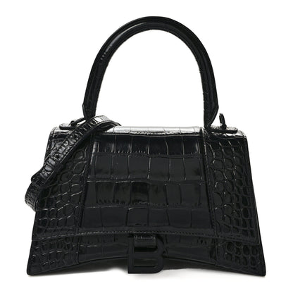 Balenciaga Shiny Calfskin Monochrome Crocodile Embossed Small Hourglass Top Handle Bag Black 1 of 14