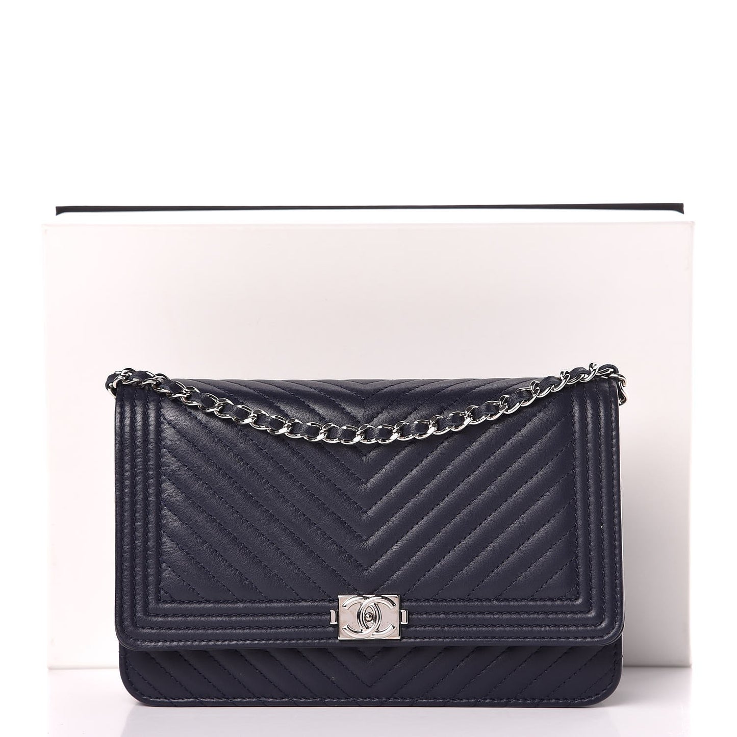Calfskin Chevron Quilted Boy Wallet On Chain WOC Navy Blue
