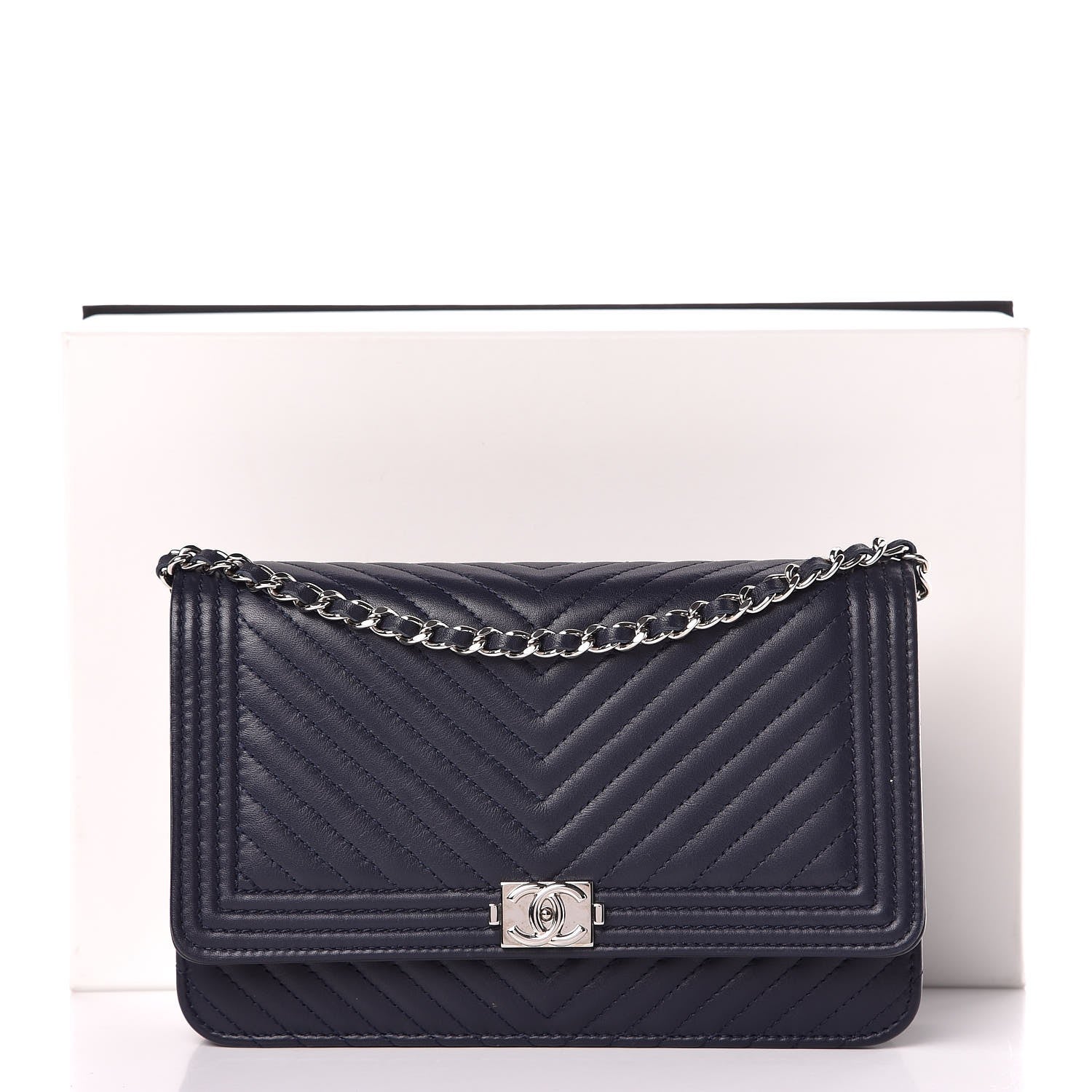 Chanel Calfskin Chevron Quilted Boy Wallet On Chain WOC Navy Blue 9 of 9
