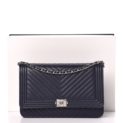 Chanel Calfskin Chevron Quilted Boy Wallet On Chain WOC Navy Blue 9 of 9