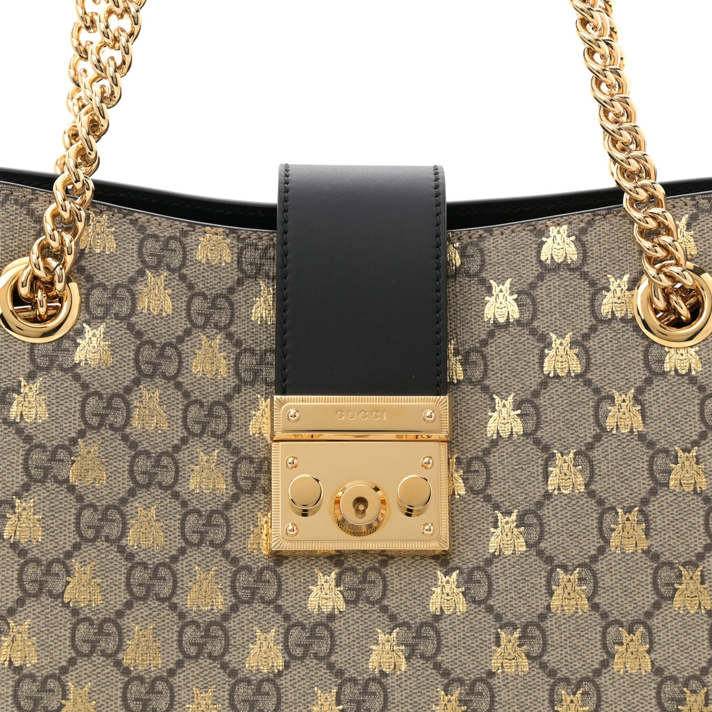 GG Supreme Monogram Bees Medium Padlock Tote Beige Oro Black