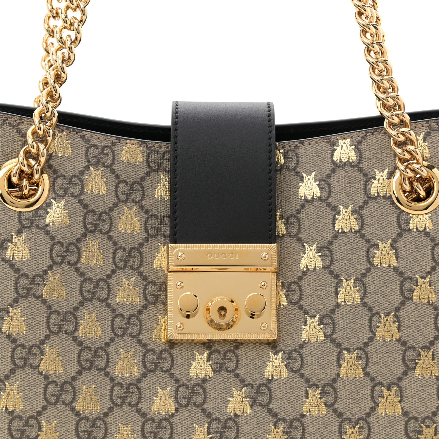 Gucci GG Supreme Monogram Bees Medium Padlock Tote Beige Oro Black 8 of 10