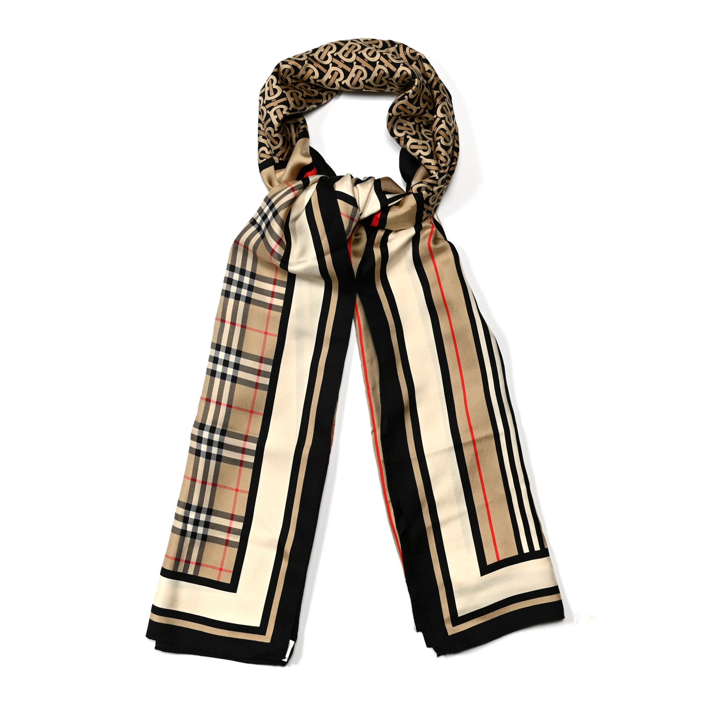 Silk Vintage Check Icon Stripe TB Monogram Print Scarf Archive Beige