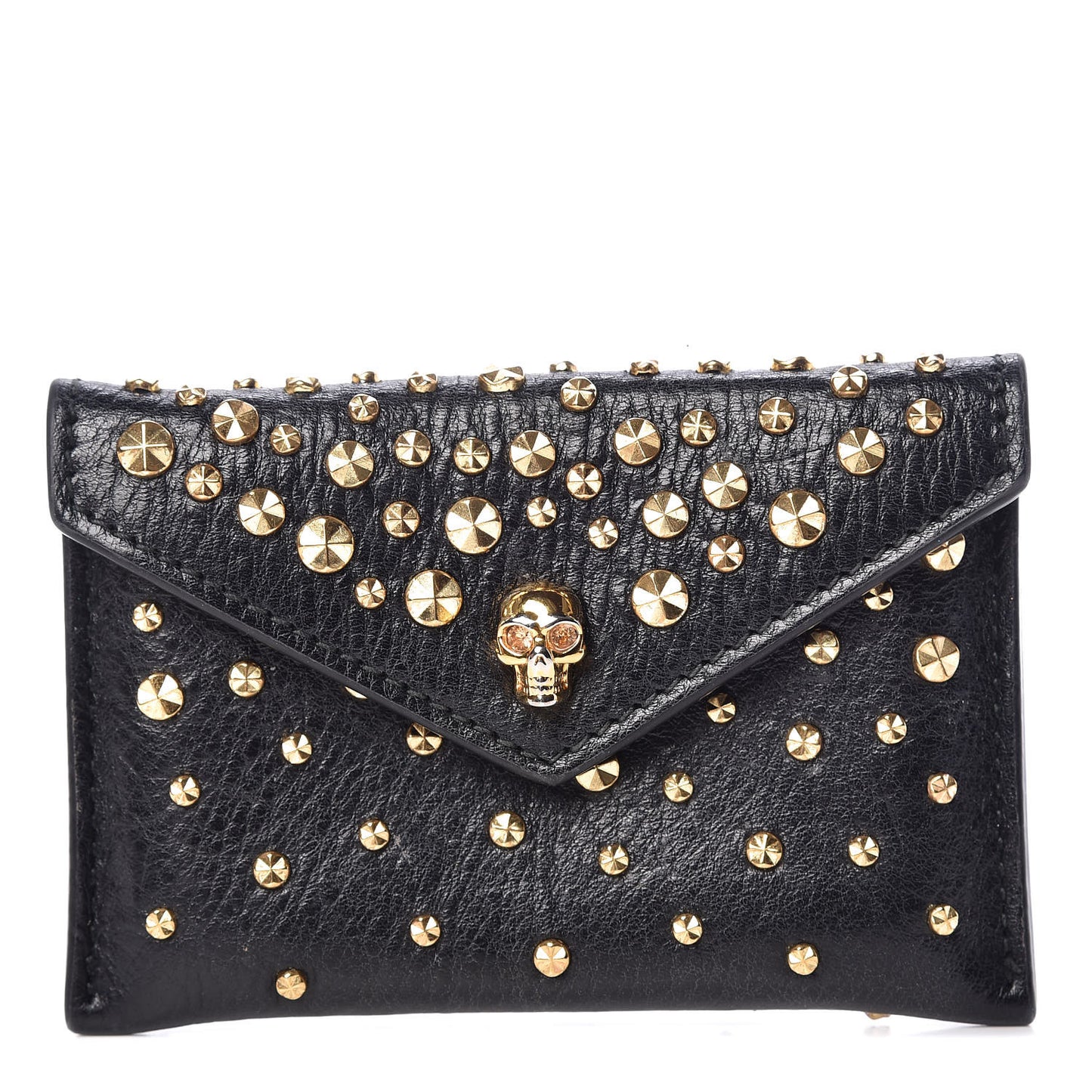 Calfskin Studded Skull Envelope Card Holder Black