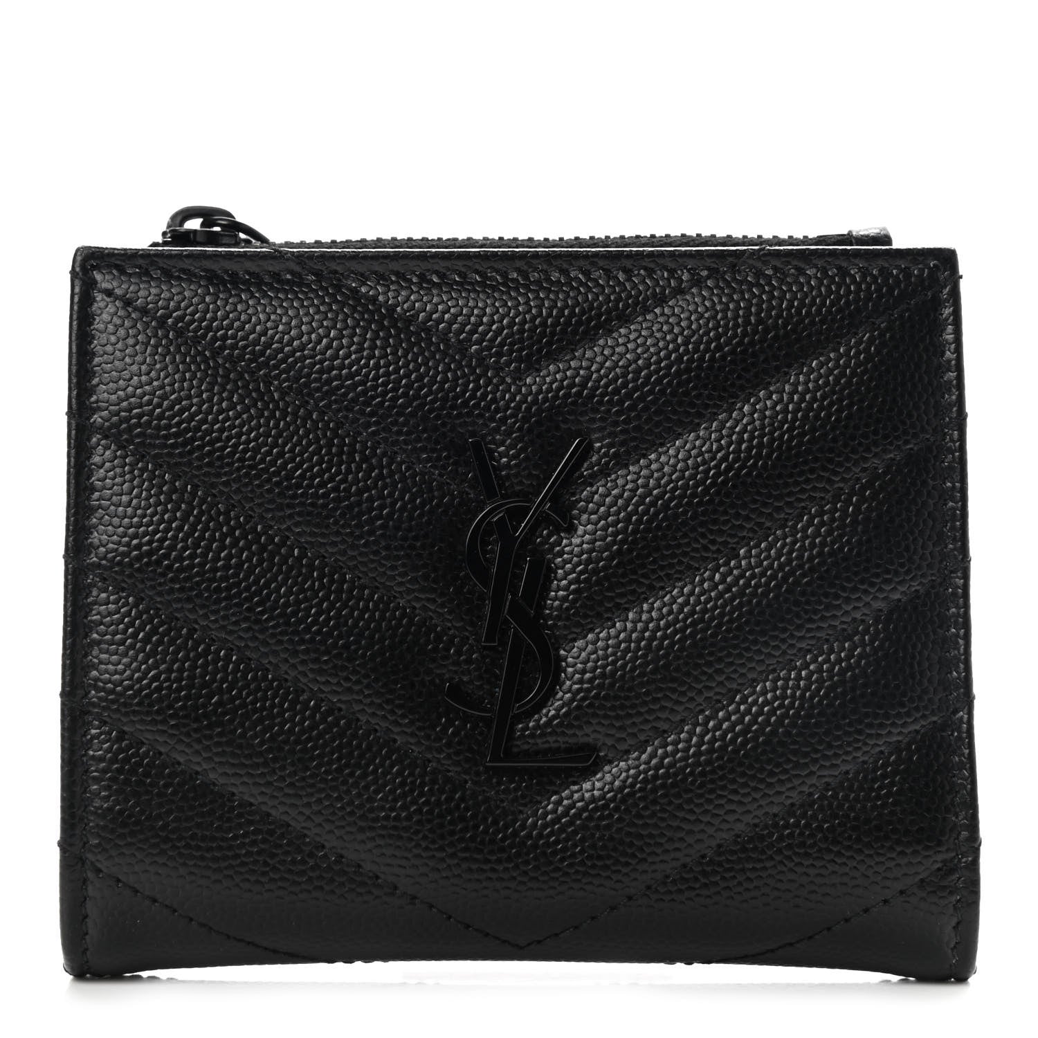 Saint Laurent Grain De Poudre Matelasse Chevron Monogram Zipped Card Case Black 1 of 7