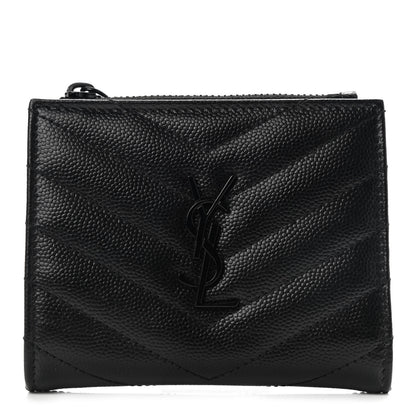 Saint Laurent Grain De Poudre Matelasse Chevron Monogram Zipped Card Case Black 1 of 7