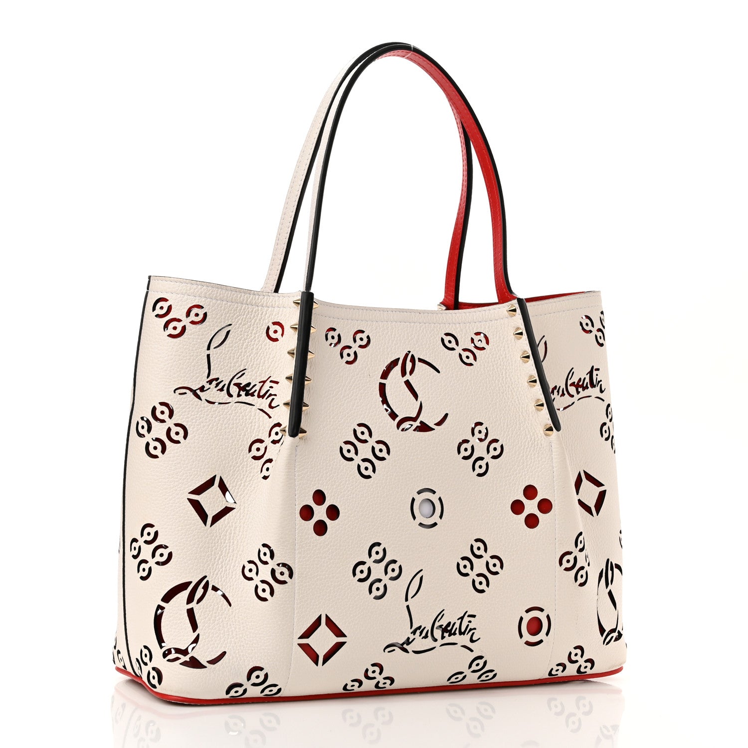 Christian Louboutin Calfskin Loubinthesky Small Perforated Cabarock Spikes Tote Snow 3 of 9
