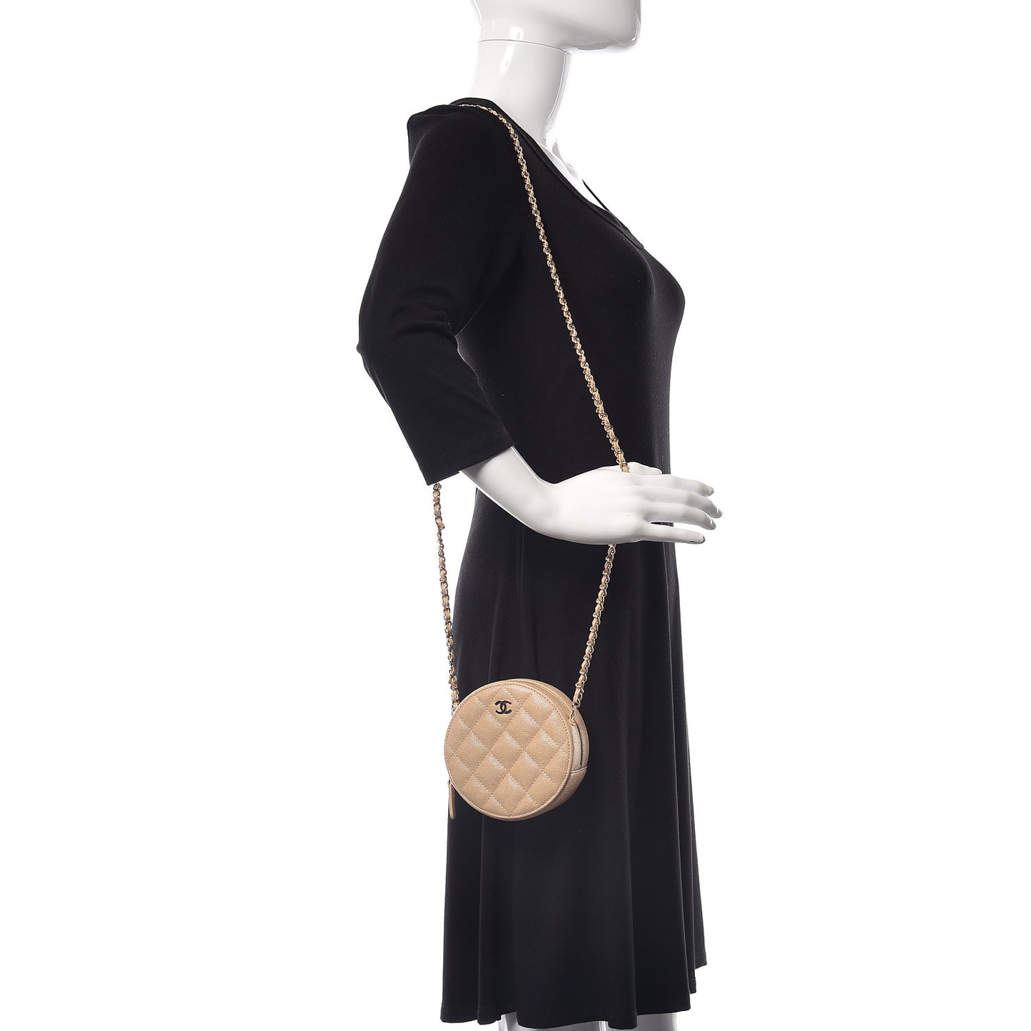 Iridescent Caviar Quilted Round Clutch With Chain Beige