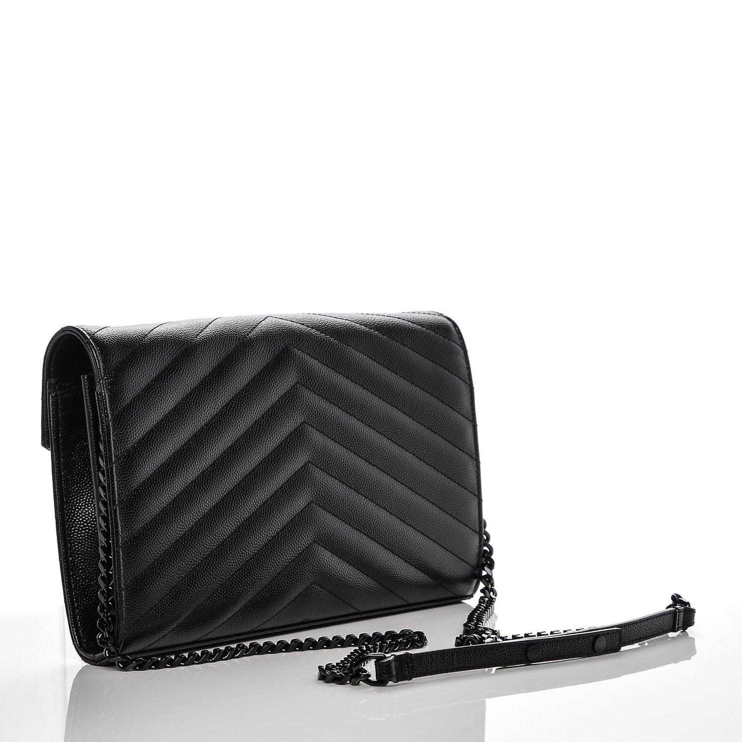 Saint Laurent Grain De Poudre Matelasse Chevron Monogram Chain Wallet Black 3 of 7