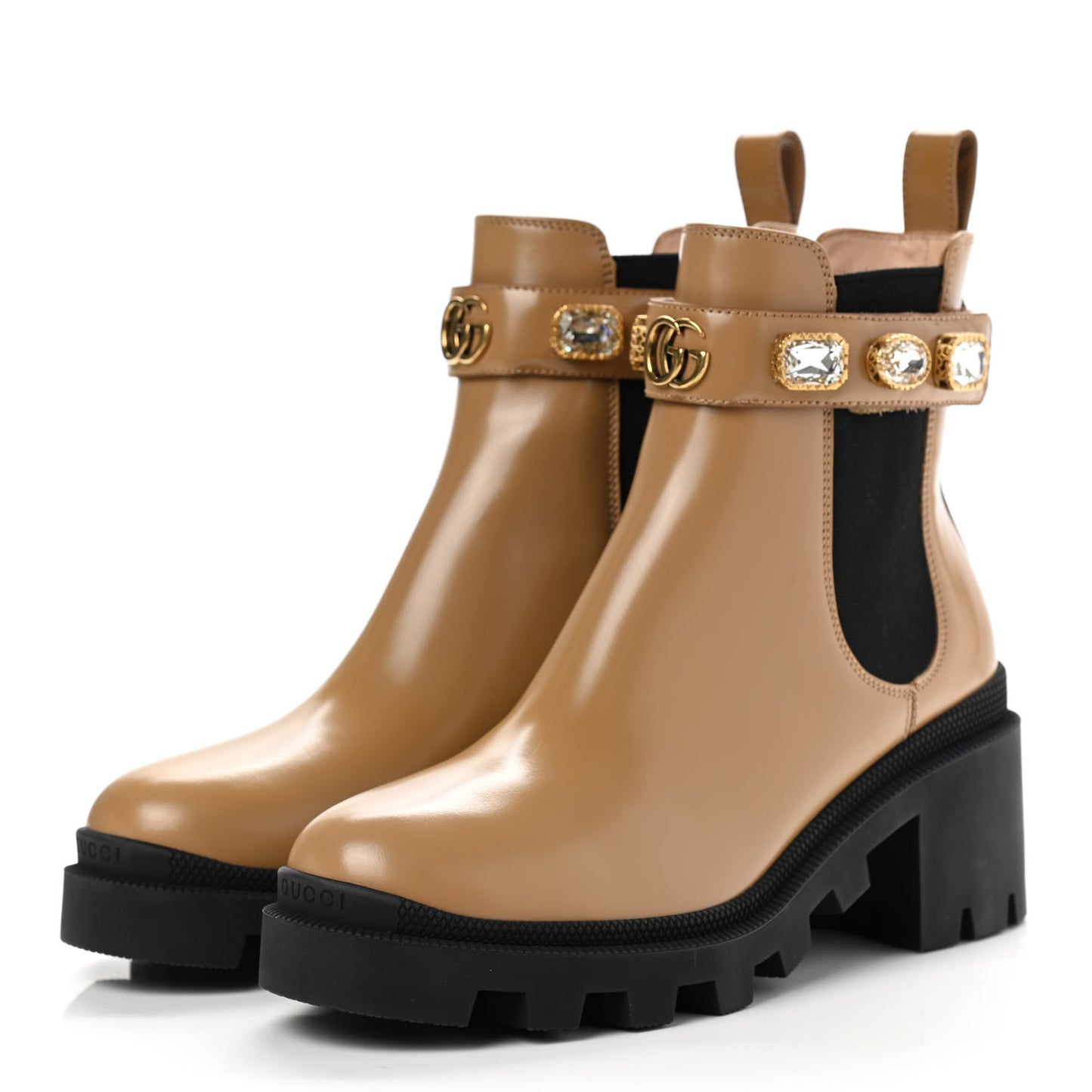 Calfskin Crystal GG Trip Chelsea Ankle Boots 37 Natural Tan